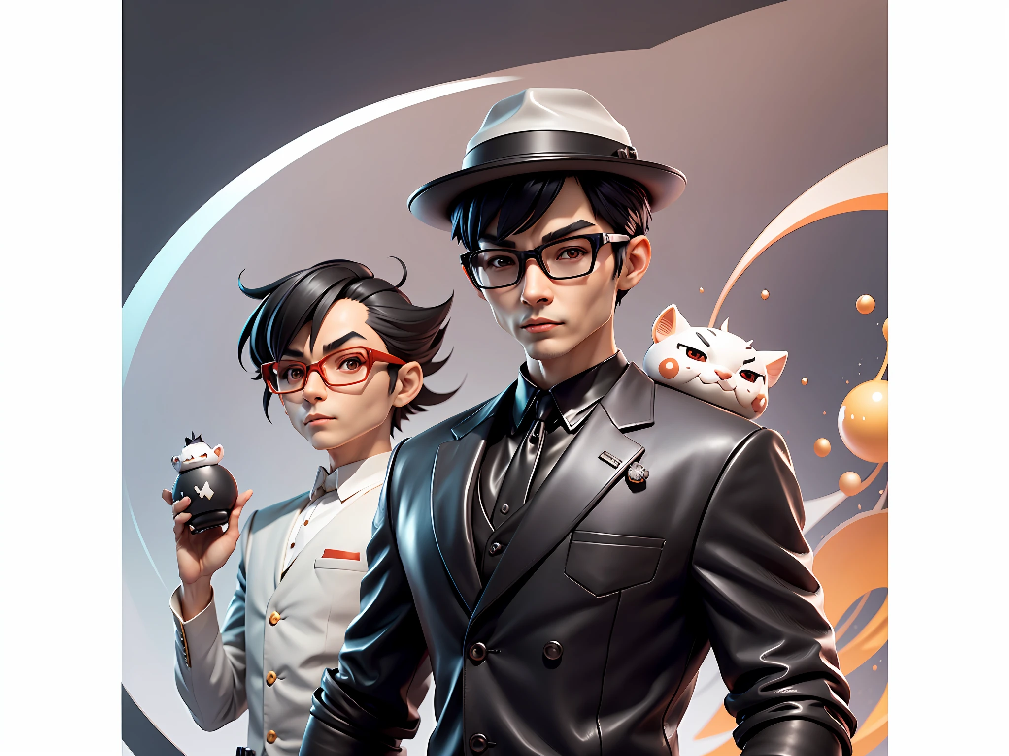 Young man with oriental face in leather hat, tiger, oriental face in formal suit, short black hair, silver glasses, digital painting, 3D character design by Mark Clairedon and Pixar and Hayao Miyazaki and Akira Toriyama, the illustration is a high-definition illustration in 4K resolution with very detailed facial features and cartoon-style visuals.
