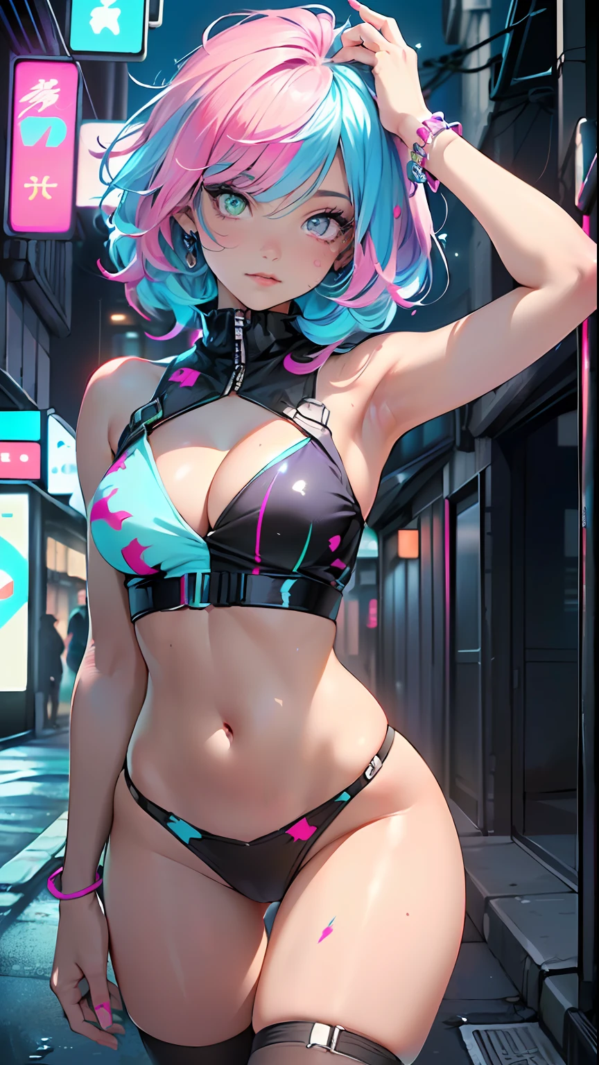 cute little cartoon loli,(((little loli,small tiny body,petite))),(((6 years old))),((extremely cute and beautiful liquid paint hair haired anime girl walking down the street)),

(((flat chest))),saggy breasts,short hair,(((liquid paint hair:1.1))),(((neon purple hair|neon pink hair|neon blue hair|neon aqua hair|purple hair|fuchsia hair|fluorescent blue hair|amethyst hair|neon hair|bright pink hair :1.5,bright hair: 1.3))),((made of paint and defies gravity,thick flowing),(paint splatter:1.3,shiny hair: 1.3,vibrant colors),((heterochromia,eye1 purple,eye2 pink,upturned eyes:1.3,perfect eyes,beautiful detailed eyes,rainbow glows ultra-detailed deep pink purple eyes:1.1,gradient eyes:1,finely detailed beautiful eyes:1,symmetrical eyes:1,big highlight on eyes:1.2)),((fat)),(((lustrous skin:1.5,bright skin: 1.5,skin tanned,shiny skin,very shiny skin,shiny body,plastic glitter skin,exaggerated shiny skin))),(spider lower abdomen,narrow waist,wide hip,athletic body,inflated legs,delicate detailed fingers,detailed body,detailed arms,human hands,detailed hands,),

cute,slutty,seductive,erotic,(((nsfw))),

revealing clothing,show skin,(wearing a Neon color theme clothing:1.3),micro clothes,little clothing,tiny thong,fluorescent and neon clothing,rave fashion,micro crop top,micro skirt,visible thong straps,accessories LED,(detailed outfit,detailed clothes),

(dynamic pose:1.0),solo focus,embarrassed,centered,scale to fit dimensions,Rule of thirds,

outdoors,((night view)),(cyberpunk night street Background: 1.5,dark sky,alleyway,lonely alley,thick clouds,detailed background:1.25),

(best quality),(high resolution),(sharp focus),(ultra detailed),(extremely detailed),(extremely high quality artwork),8k_wallpaper,(extremely detailed CG 8k),(very fine 8K CG),((hyper super ultra detailed perfect piece)),flawless,(((masterpiece))),illustration,vibrant colors,(intricate),High contrast,Selective lighting,Double exposure,HDR (High Dynamic Range),Post-processing,Background blur,