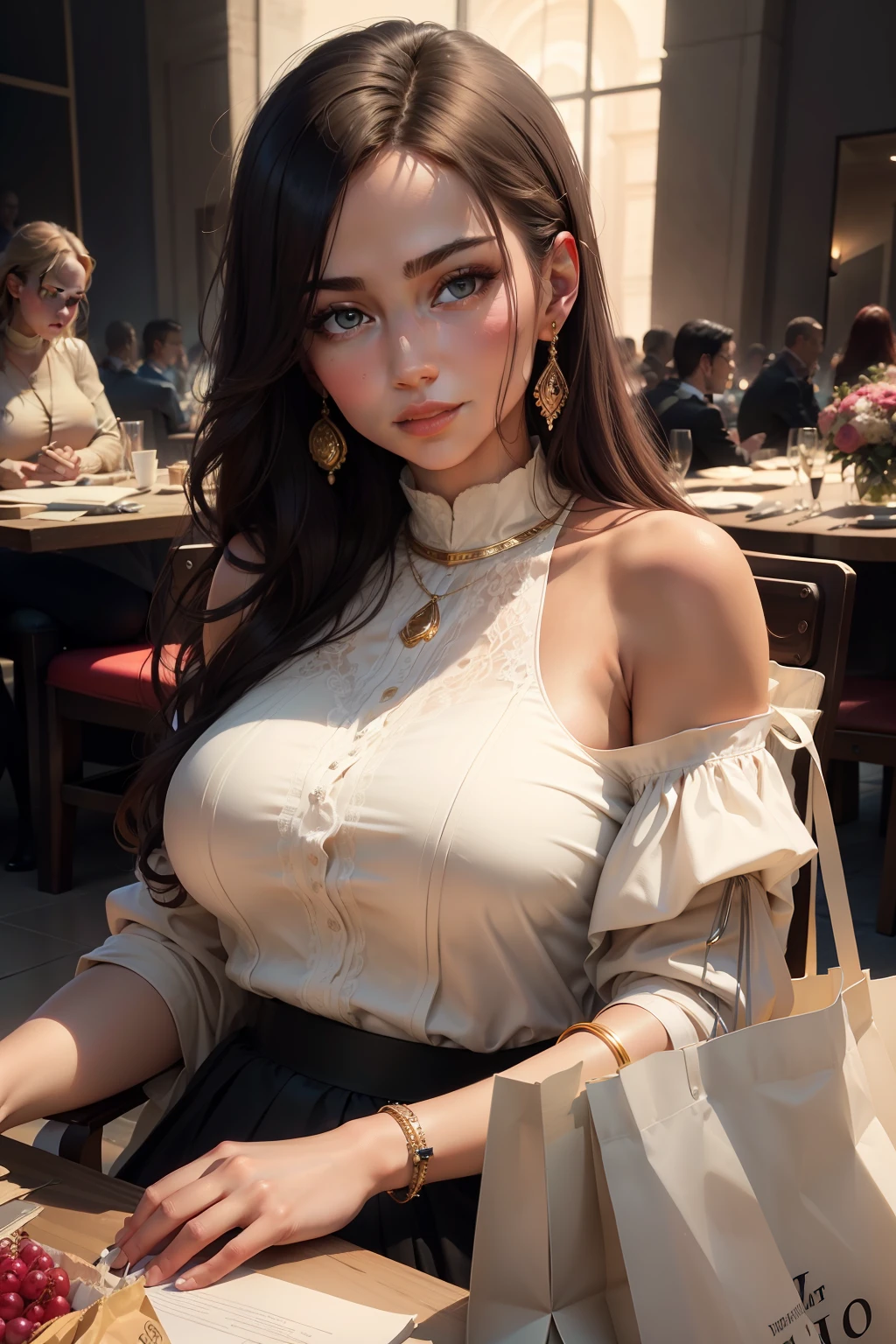 portrait, beautiful face, perfect face, deliberate, masterpiece, best quality, highest quality, cinematic lighting, very beautiful, ultra realistic, beautiful, 8k, super detail, expensive jewelry, shopping bags on table, upper body, happy woman sitting at table with large shopping bags