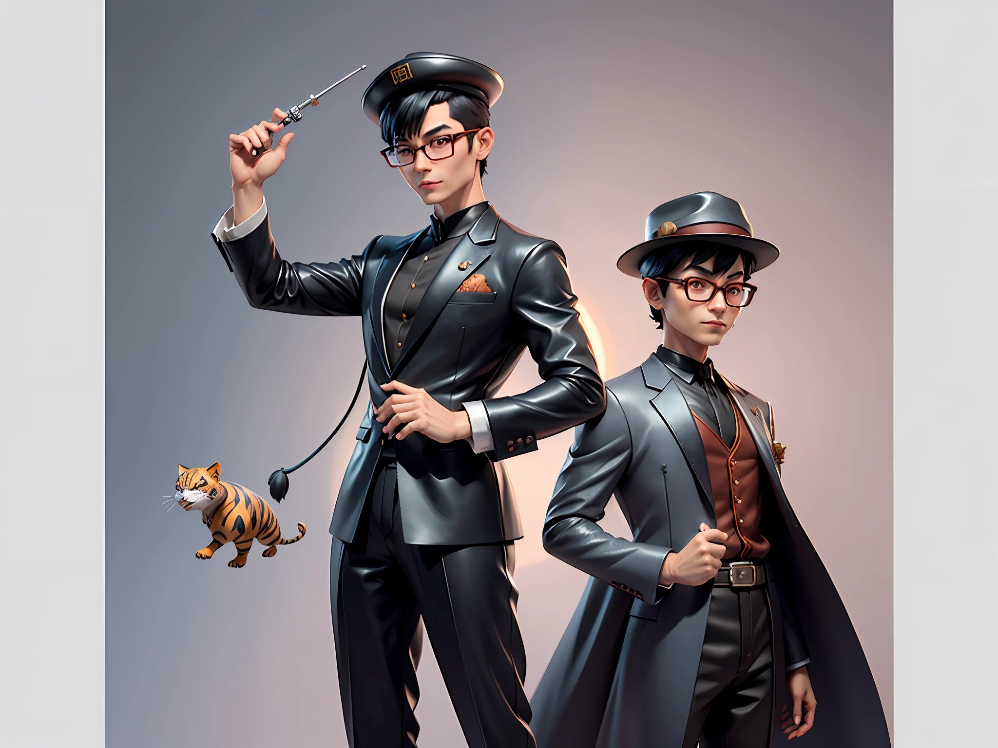 Young man with oriental face in leather hat, tiger, oriental face in formal suit, short black hair, silver glasses, digital painting, 3D character design by Mark Clairedon and Pixar and Hayao Miyazaki and Akira Toriyama, the illustration is a high-definition illustration in 4K resolution with very detailed facial features and cartoon-style visuals.
