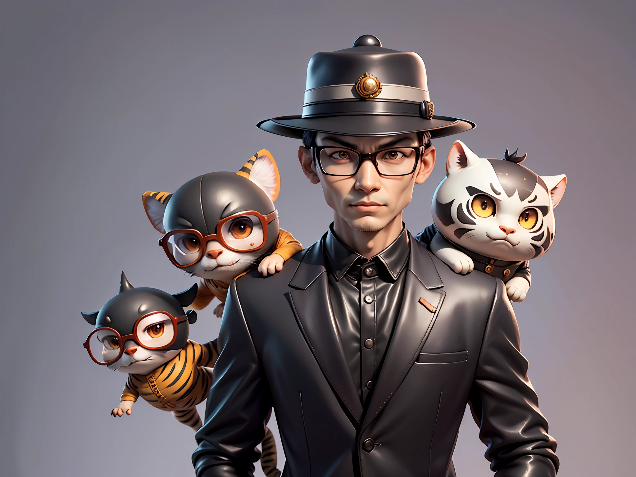 Young man with oriental face in leather hat, tiger, oriental face in formal suit, short black hair, silver glasses, digital painting, 3D character design by Mark Clairedon and Pixar and Hayao Miyazaki and Akira Toriyama, the illustration is a high-definition illustration in 4K resolution with very detailed facial features and cartoon-style visuals.