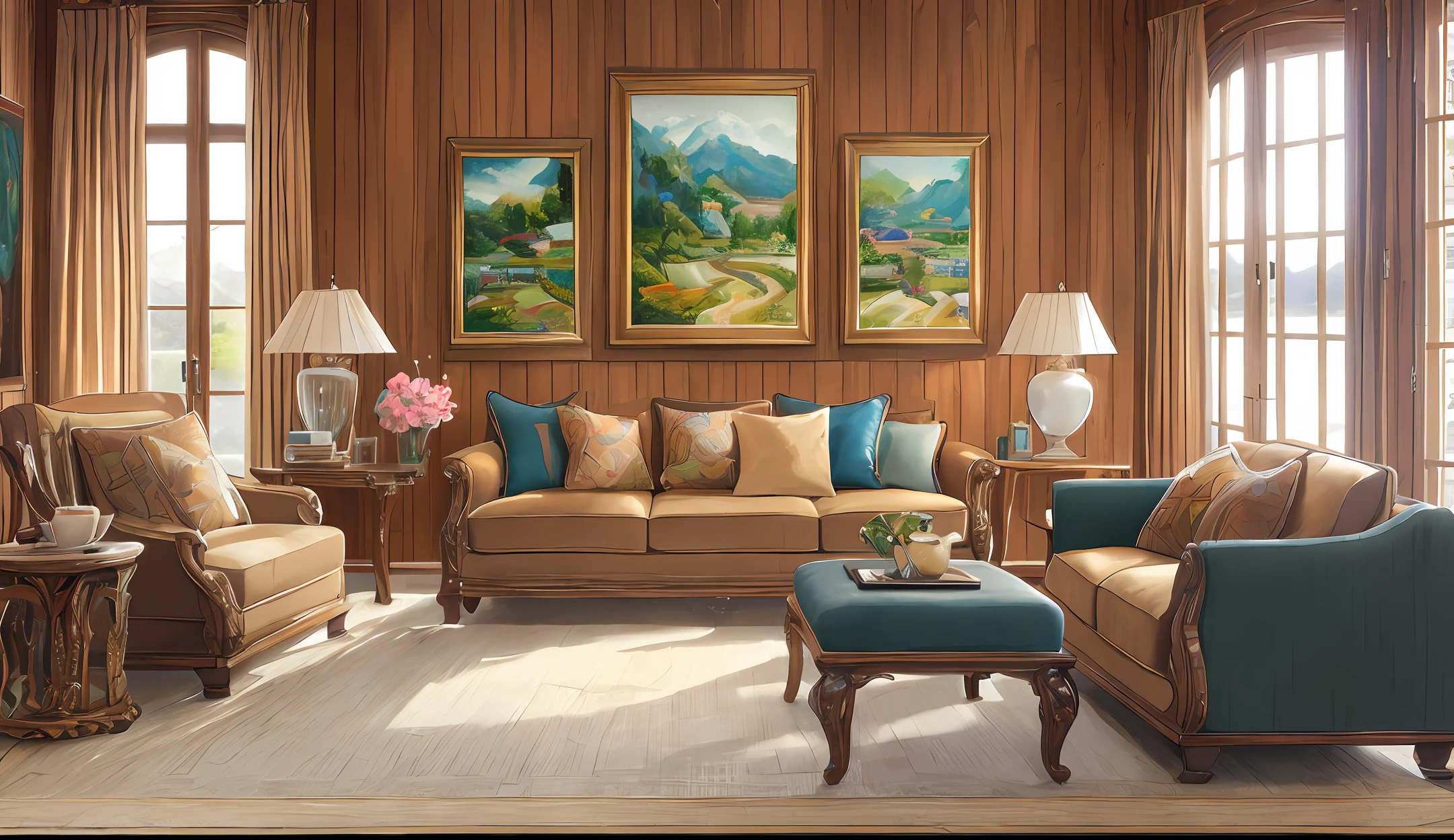 🎨Model: LemonPieMix  💡Prompts: Japanese-style living room: Japanese style living room with detailed interior decoration drawings  European castle living room: European castle living room, a soft sofa, a coffee table, vases, hanging paintings, square glass windows, wooden furniture, cabinets, intricate carvings, and oil paintings. Warm colors, award-winning masterpieces with incredible detail, large windows  Kitchen: Modern kitchen, glass holders, cupboards, sinks, cooking counters, warm colors, award-winning masterpieces with incredible detail, large windows  Bedroom: Russian-style bedroom with a soft bed, a coffee table, bedside tables, vases, hanging paintings, dressing table, square glass windows, wooden furniture, wardrobes, intricate carvings, and oil paintings. Warm colors, award-winning masterpieces with incredible detail, large windows --auto --s2