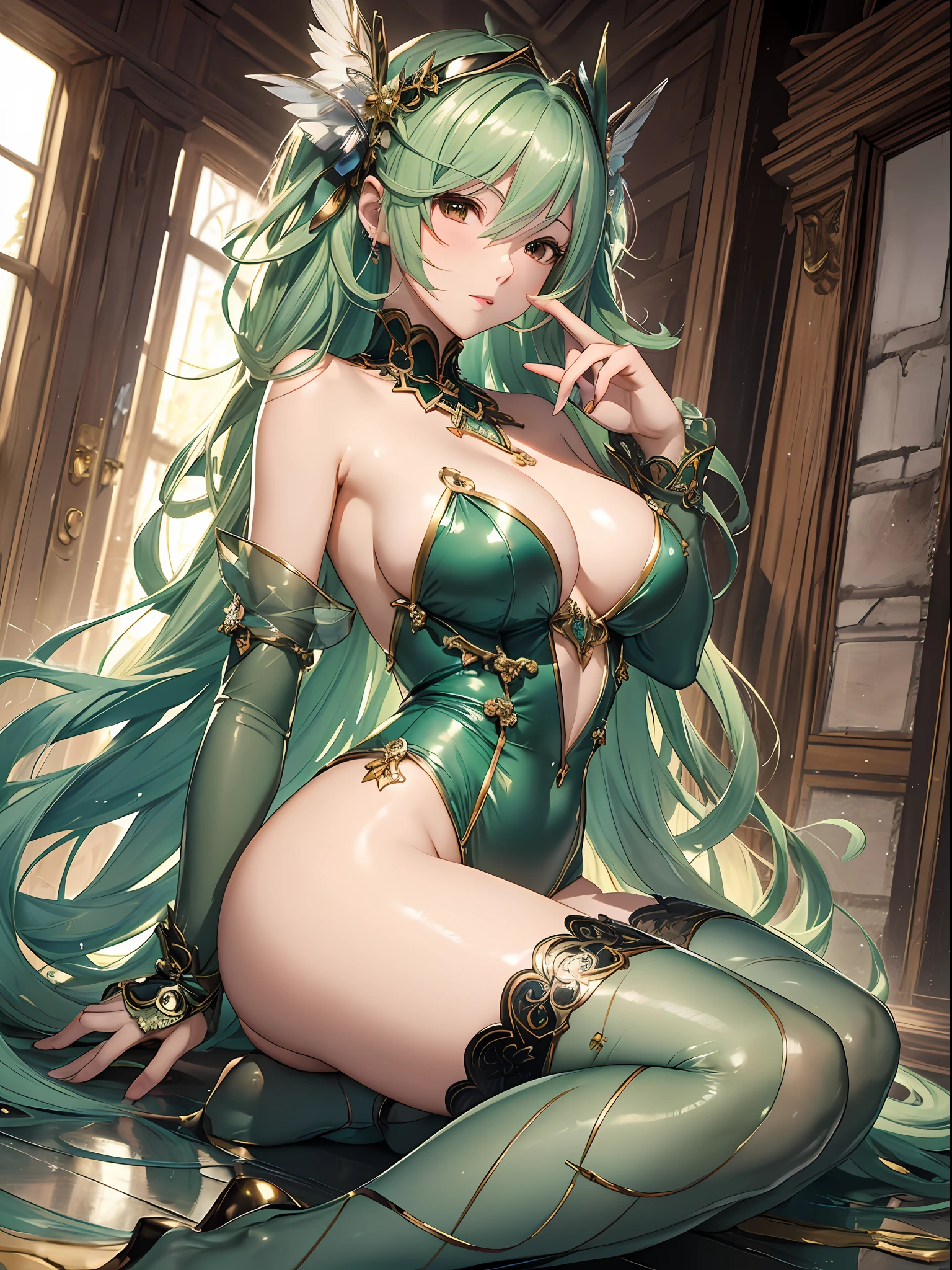 (Enrich the picture,Masterpiece level quality)Beautiful 8K CG artwork,Goddess-like posture,Kneeling exercise,Slim and soft,Translucent skin,Green hair、The aesthetic look of extra-long hair and messy hair,The skin is fair and juicy,Big JK Uniform,Perspective Part 1.2x enhanced silhouette effect,Exquisite transparent blues pattern in pajamas,The details are intricate and exquisite,The background is slightly blurred,Charming and lustful leg seduction,Drool,Extra-large big breasts,Blush,