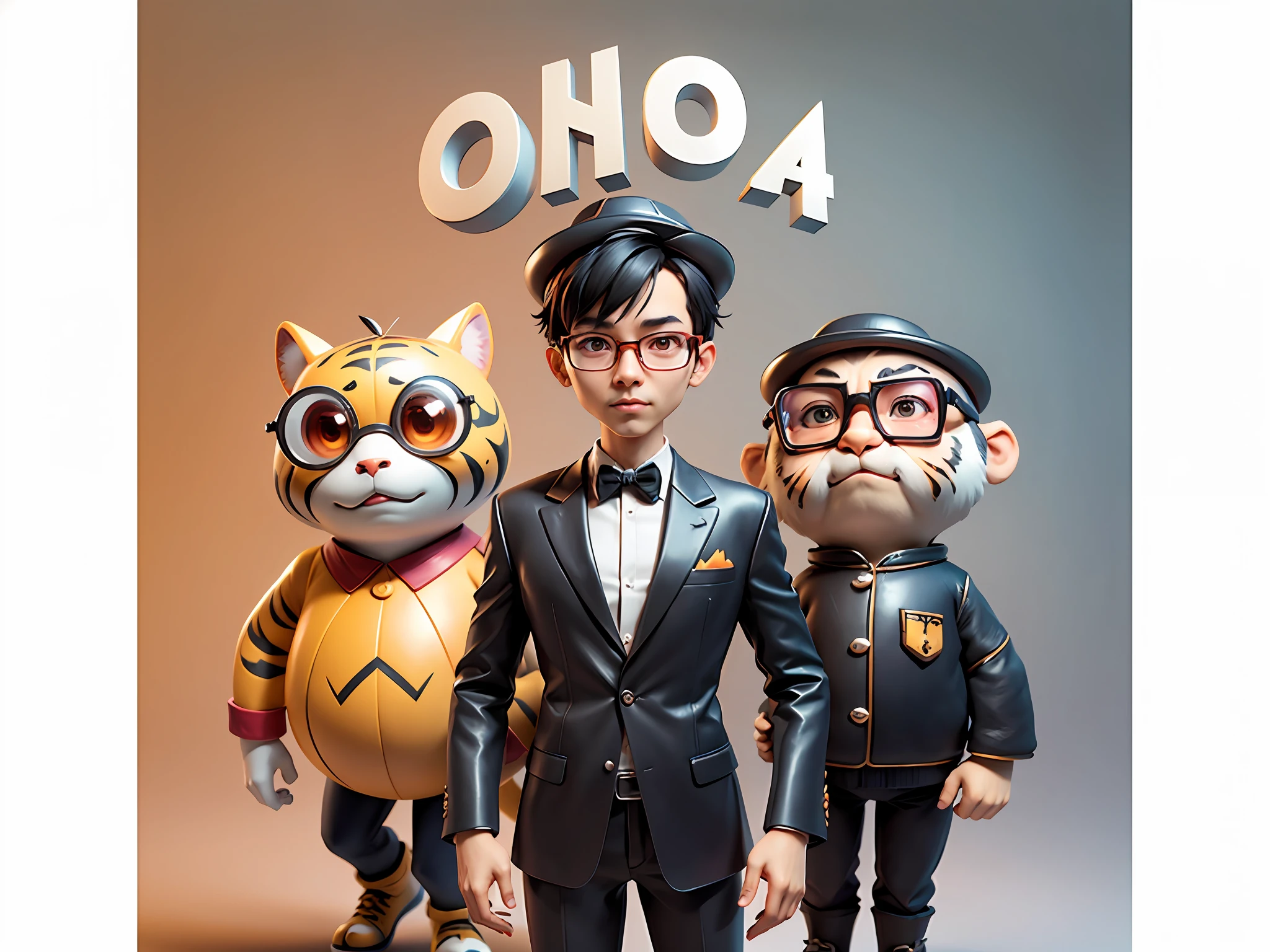 Young man with oriental face in leather hat, tiger, oriental face in formal suit, short black hair, silver glasses, digital painting, 3D character design by Mark Clairedon and Pixar and Hayao Miyazaki and Akira Toriyama, the illustration is a high-definition illustration in 4K resolution with very detailed facial features and cartoon-style visuals.