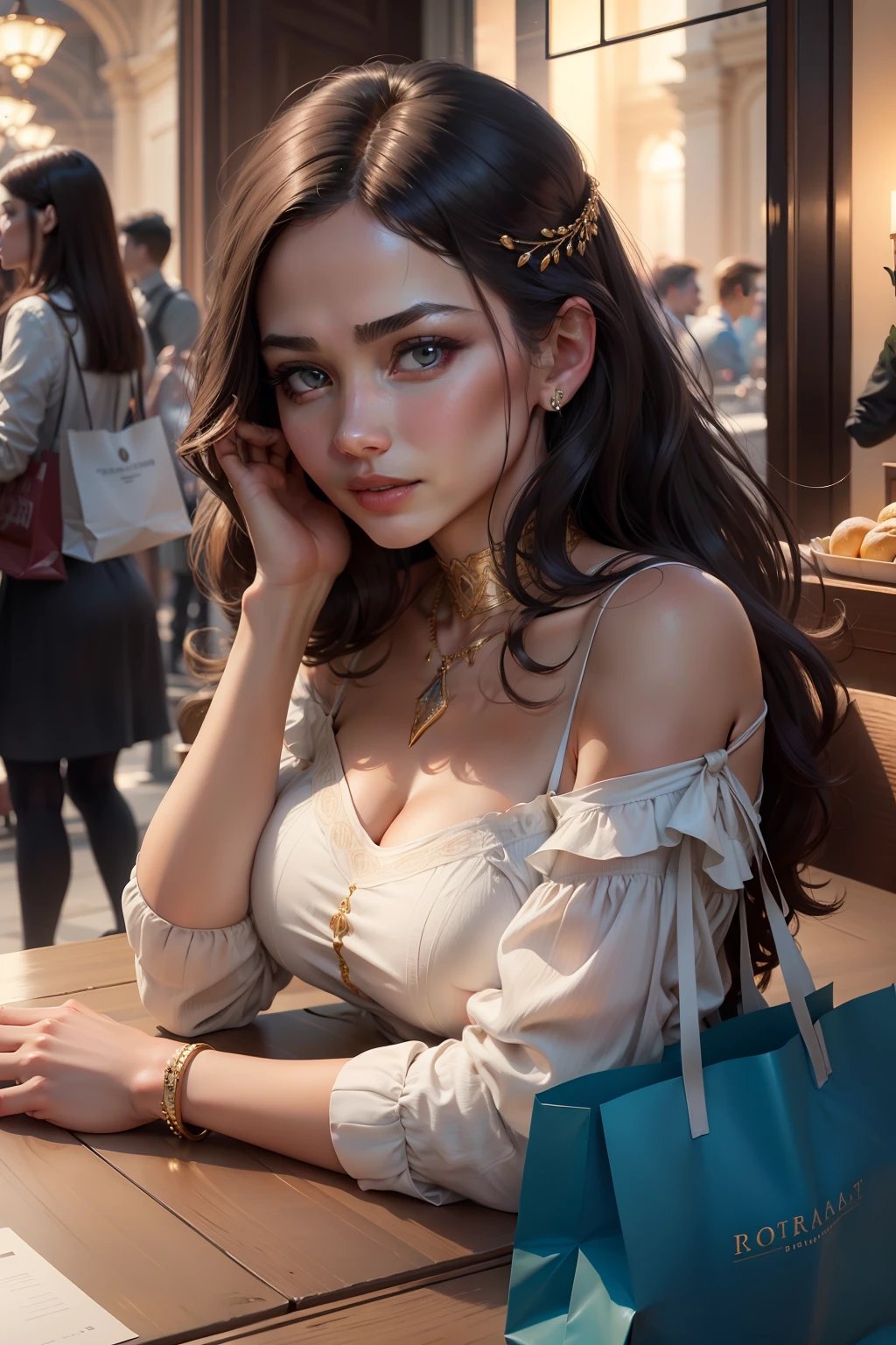 portrait, beautiful face, perfect face, deliberate, masterpiece, best quality, highest quality, cinematic lighting, very beautiful, ultra realistic, beautiful, 8k, super detail, expensive jewelry, shopping bags on table, upper body, happy woman sitting at a table with large shopping bags, shopping bags everywhere