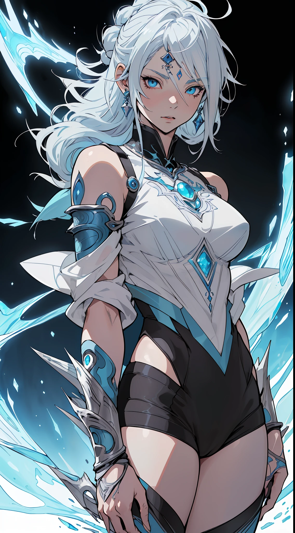 (anime) . ((Female (Shiva of Final Fantasy), blue eyes, white hair, ((light blue skin)), ice goddess)), in the space . (Masterpiece: 1.8), (64k quality), (final fantasy artwork concept), detailed (manga eyes + hair + clothes + body + face + colors + shoulders + eyes (globular + transparent + liquid) + (sharper drawings) + (shiny jewelry) + (clothes folds) + (rounded eyes) + (consistent clothes) + (clothing features) + (eyes line), better (colorful + (coarser line) + (black line) + finishing . [Drawing] (Anime (Manga (Comics))) + (Coarse Line: 1.8) + (Black Line: 1.8) + (Color: 1.8) + (Clean: 1.8) + (Contrast: 1.8) + (Black Outline: 1.8) + (adjusted colors: 1.8) + (shadow set: 1.8) + (manga eyes: 1.8), ((made homogeneous: 1.3))