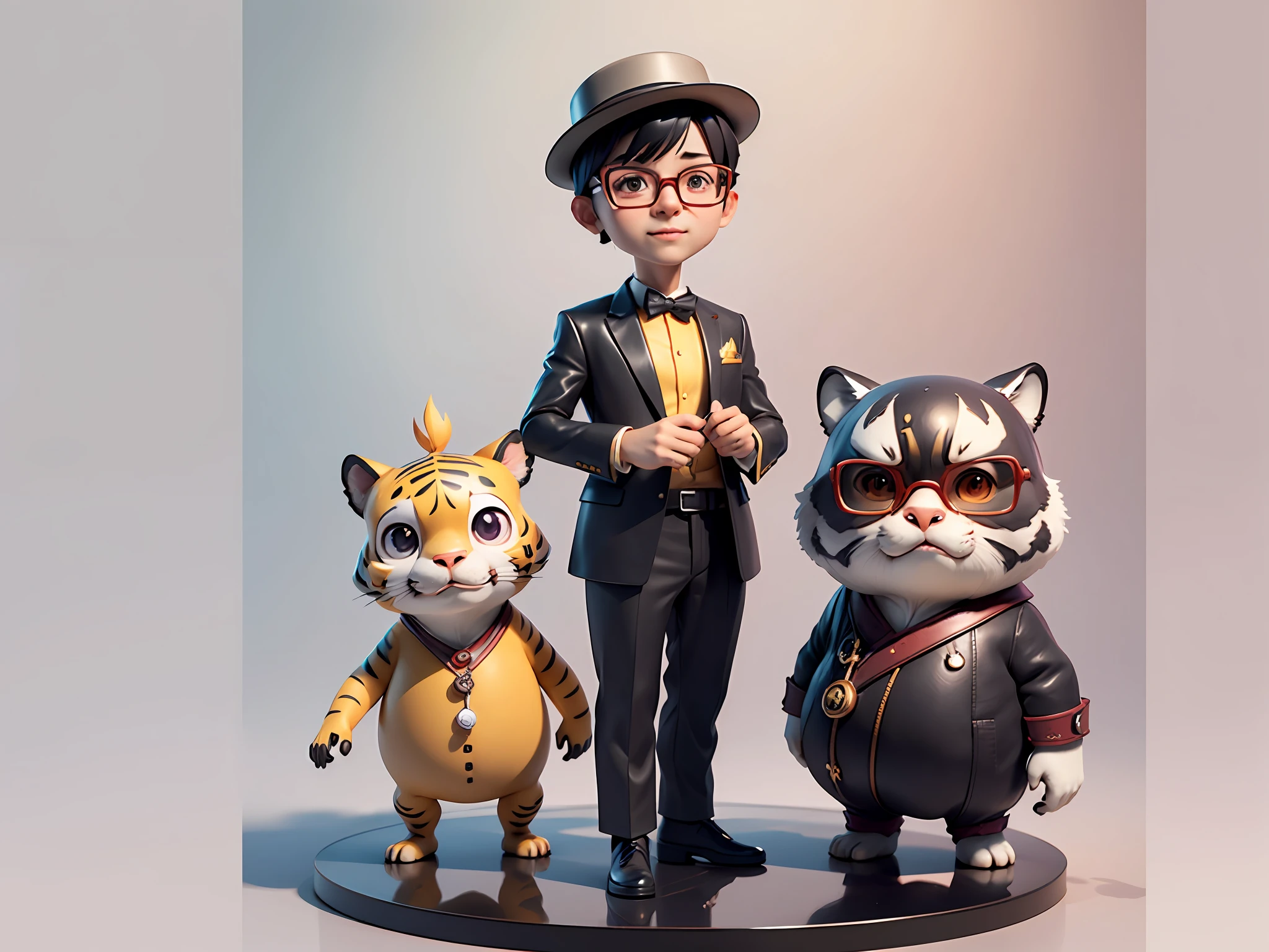 Young man with oriental face in leather hat, tiger, oriental face in formal suit, short black hair, silver glasses, digital painting, 3D character design by Mark Clairedon and Pixar and Hayao Miyazaki and Akira Toriyama, the illustration is a high-definition illustration in 4K resolution with very detailed facial features and cartoon-style visuals.