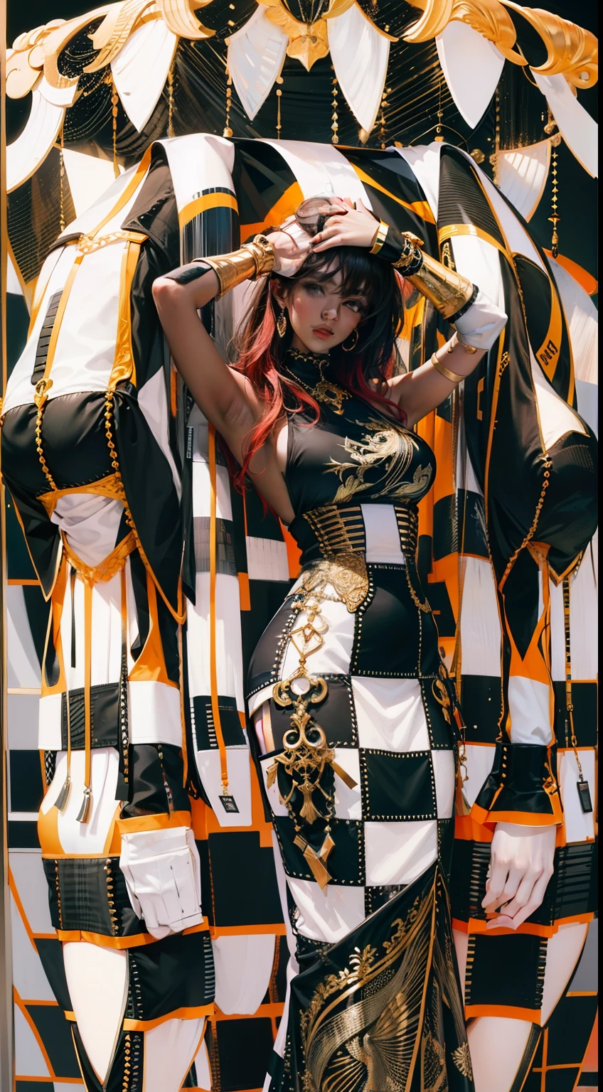 Beautiful woman in intricate Bold and Checkered Outfit