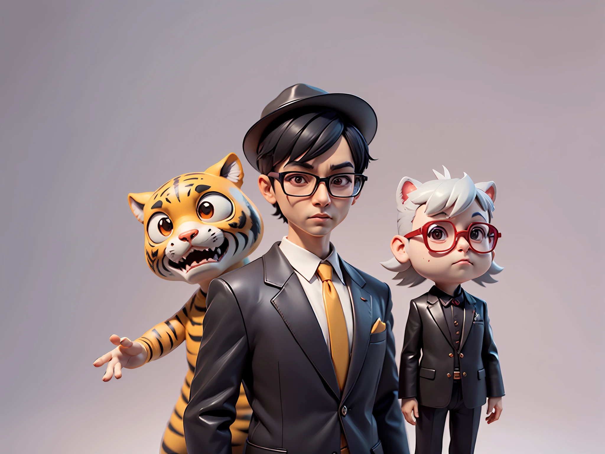 Young man with oriental face in leather hat, tiger, oriental face in formal suit, short black hair, silver glasses, digital painting, 3D character design by Mark Clairedon and Pixar and Hayao Miyazaki and Akira Toriyama, the illustration is a high-definition illustration in 4K resolution with very detailed facial features and cartoon-style visuals.