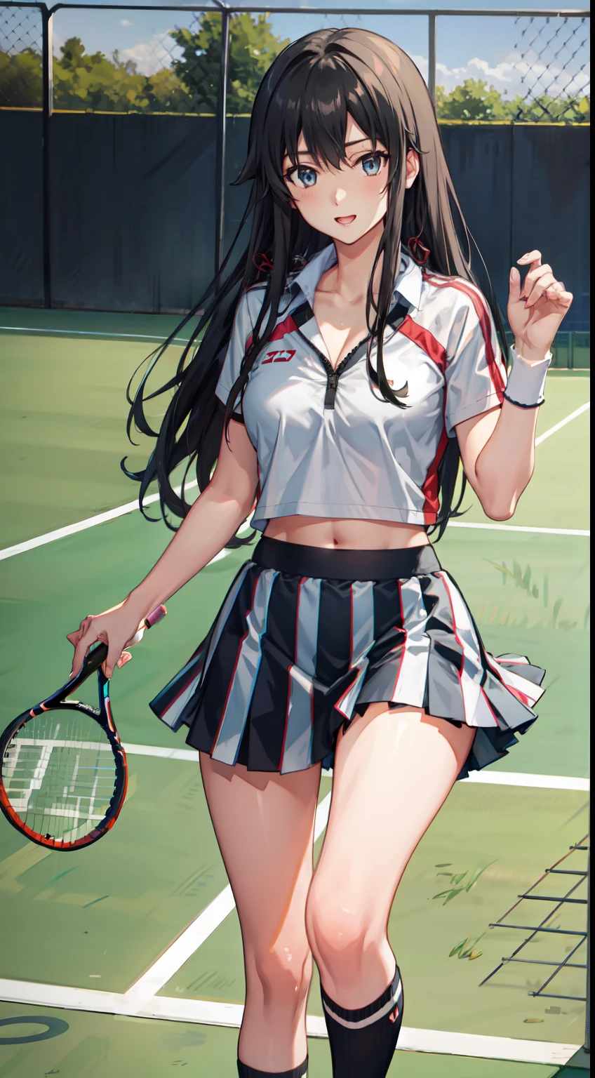 Yukino yukinoshita, long hair, cleavage, navel, slim legs, black hair, blue eyes, short skirt, thigh high socks, teen, happy, tennis player uniform, park,