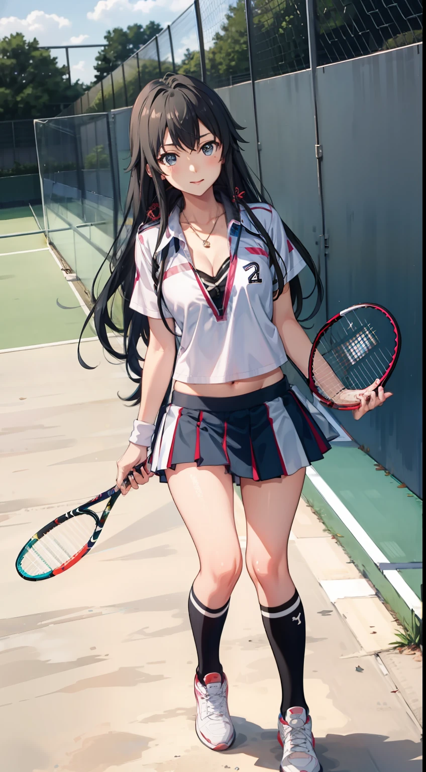 Yukino yukinoshita, long hair, cleavage, navel, slim legs, black hair, blue eyes,  short skirt, thigh high socks, teen, happy, tennis player uniform, park,