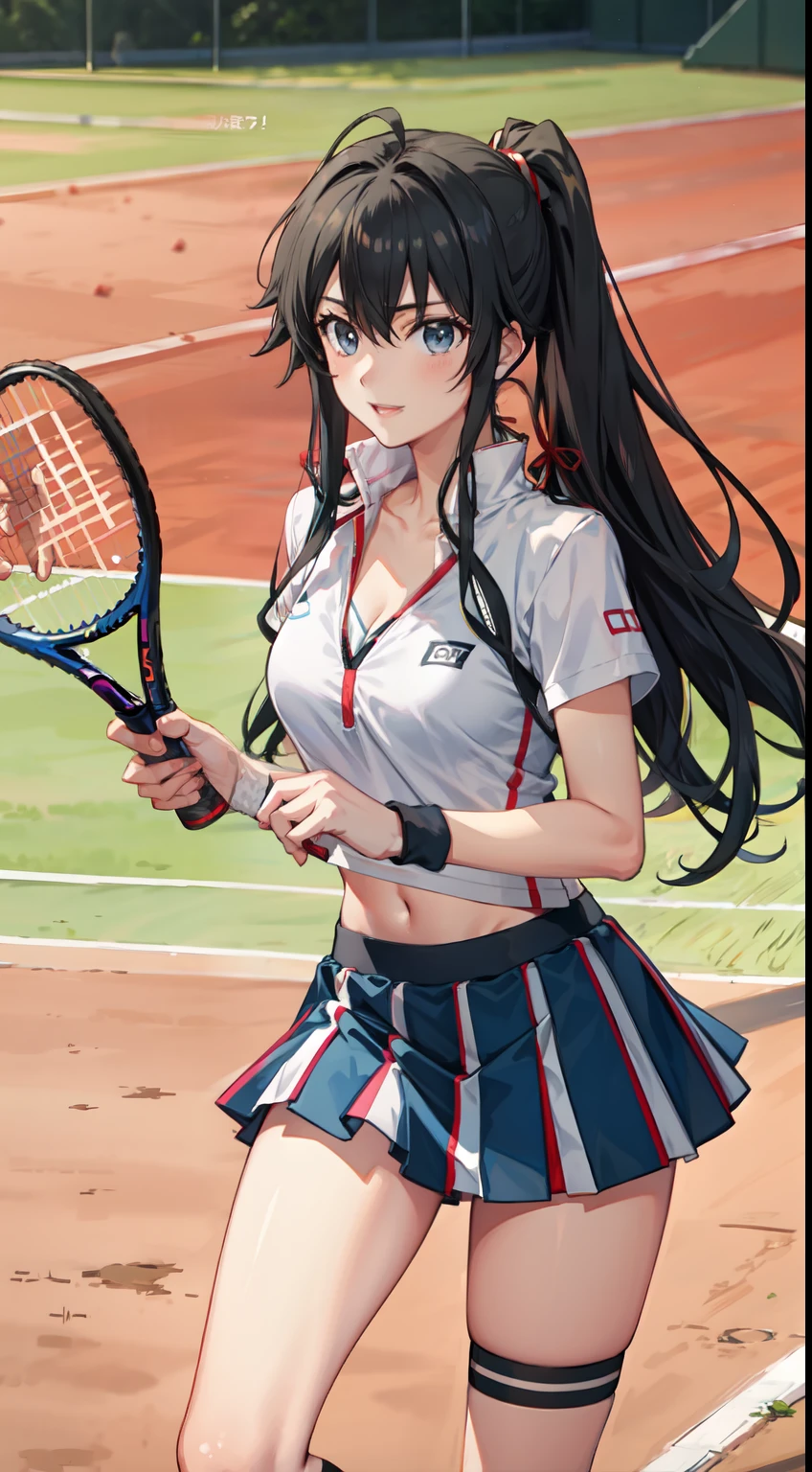Yukino yukinoshita, long hair, cleavage, navel, slim legs, black hair, blue eyes, short skirt, thigh high socks, , happy, tennis player uniform, park,