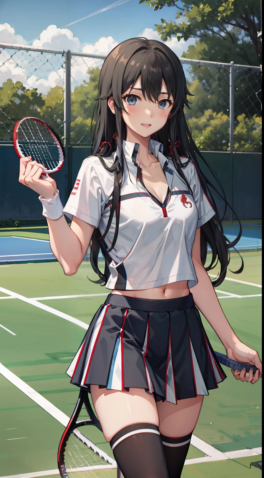 Yukino yukinoshita, long hair, cleavage, navel, slim legs, black hair, blue eyes,  short skirt, thigh high socks, teen, happy, tennis player uniform, park,