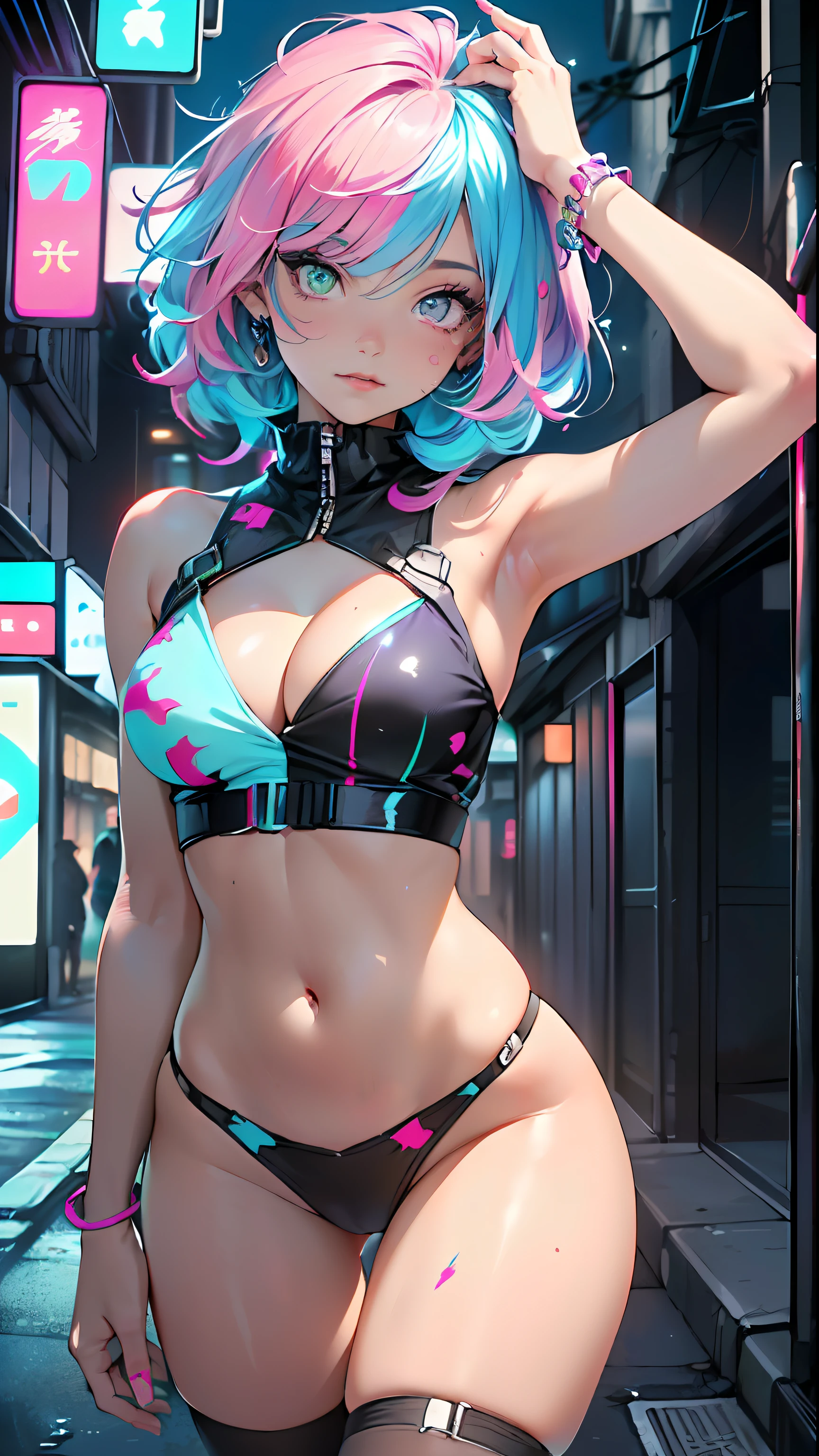 cute little cartoon loli,(((little loli,small tiny body,petite))),(((6 years old))),((extremely cute and beautiful liquid paint hair haired anime girl walking down the street)),
(((flat chest))),saggy breasts,short hair,(((liquid paint hair:1.1))),(((neon purple hair|neon pink hair|neon blue hair|neon aqua hair|purple hair|fuchsia hair|fluorescent blue hair|amethyst hair|neon hair|bright pink hair :1.5,bright hair: 1.3))),((made of paint and defies gravity,thick flowing),(paint splatter:1.3,shiny hair: 1.3,vibrant colors),((heterochromia,eye1 purple,eye2 pink,upturned eyes:1.3,perfect eyes,beautiful detailed eyes,rainbow glows ultra-detailed deep pink purple eyes:1.1,gradient eyes:1,finely detailed beautiful eyes:1,symmetrical eyes:1,big highlight on eyes:1.2)),((fat)),(((lustrous skin:1.5,bright skin: 1.5,skin tanned,shiny skin,very shiny skin,shiny body,plastic glitter skin,exaggerated shiny skin))),(spider lower abdomen,narrow waist,wide hip,athletic body,inflated legs,delicate detailed fingers,detailed body,detailed arms,human hands,detailed hands,),
cute,slutty,seductive,erotic,(((nsfw))),
revealing clothing,show skin,(wearing a Neon color theme clothing:1.3),micro clothes,little clothing,tiny thong,fluorescent and neon clothing,rave fashion,micro crop top,micro skirt,visible thong straps,accessories LED,(detailed outfit,detailed clothes),
(dynamic pose:1.0),solo focus,embarrassed,centered,scale to fit dimensions,Rule of thirds,
outdoors,((night view)),(cyberpunk night street Background: 1.5,dark sky,alleyway,lonely alley,thick clouds,detailed background:1.25),
(best quality),(high resolution),(sharp focus),(ultra detailed),(extremely detailed),(extremely high quality artwork),8k_wallpaper,(extremely detailed CG 8k),(very fine 8K CG),((hyper super ultra detailed perfect piece)),flawless,(((masterpiece))),illustration,vibrant colors,(intricate),High contrast,Selective lighting,Double exposure,HDR (High Dynamic Range),Post-processing,Background blur,