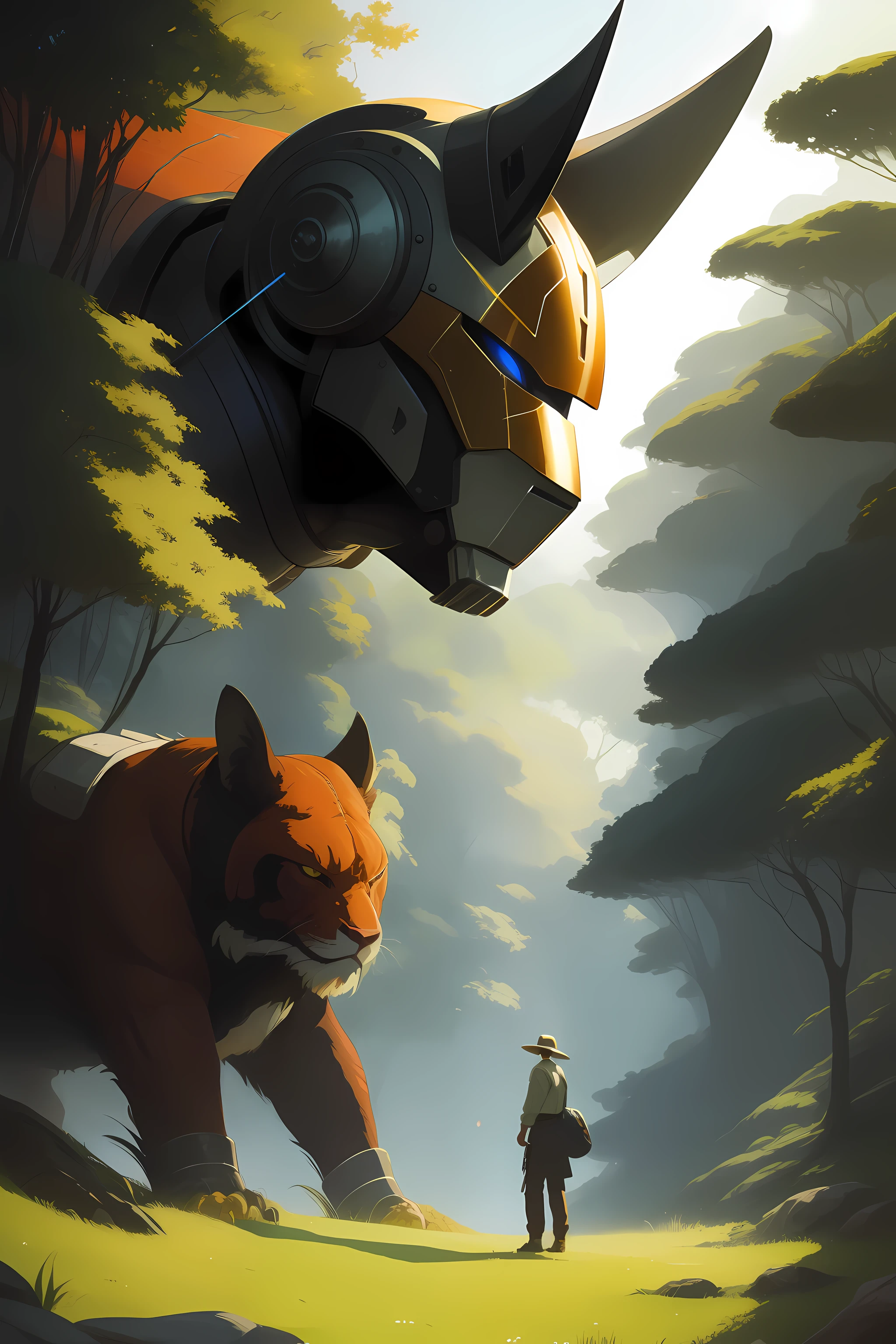 A blend of comic book art and lineart full of natural color, brave robot with animal shape in the jungle fighting other robot with animal shape with the same size with a laser sword, the best quality, masterpiece, high-resolution, acrylic painting, trending on Pixiv fan box, palette knife, and brush strokes, style of makoto shinkai, Jamie Wyeth James Gillard edward hopper Greg Rutkowski studio ghibli Kenshin impact
