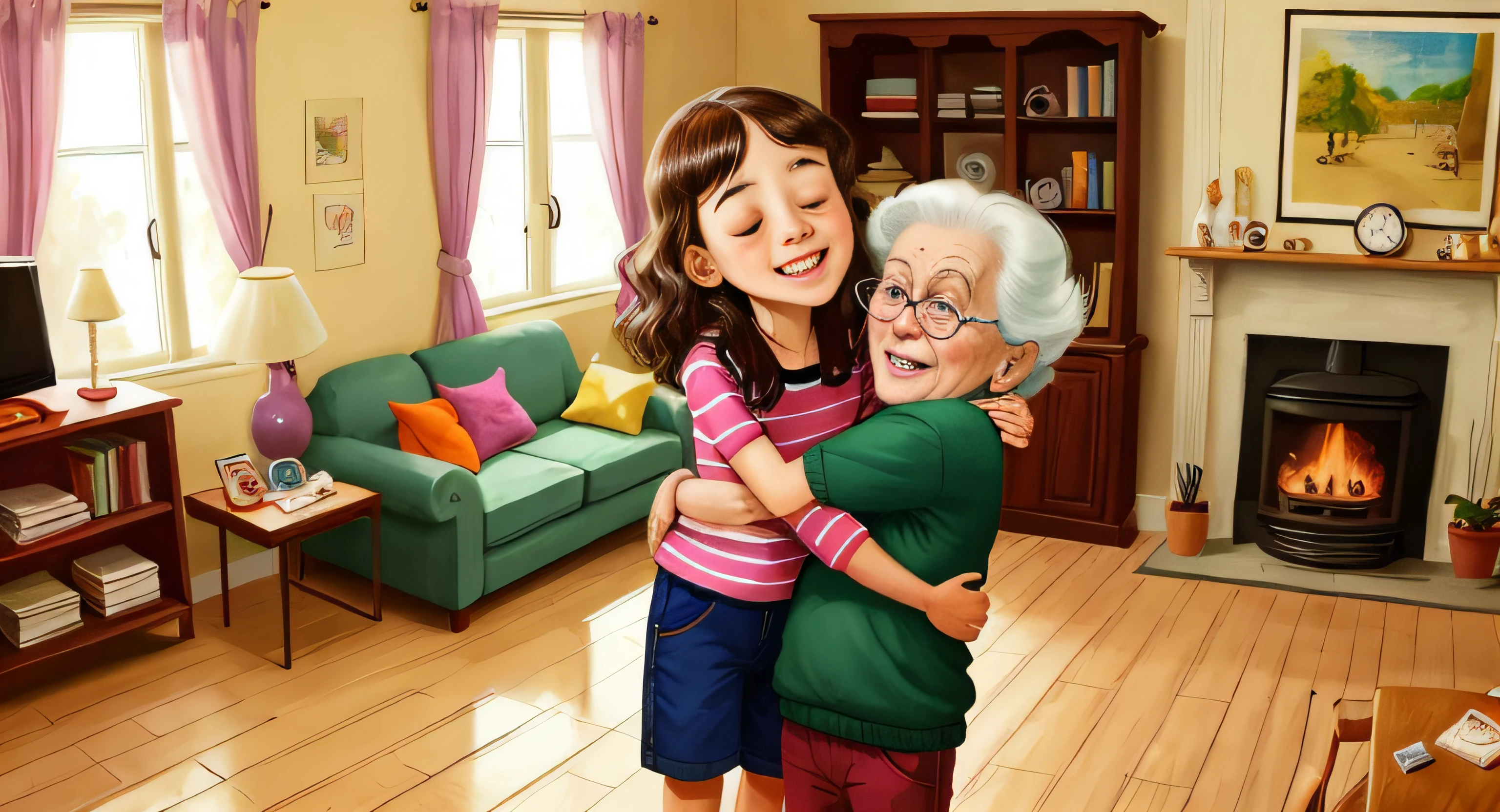 Liz is a 10-year-old child and is in the living room of her house hugged by her grandmother