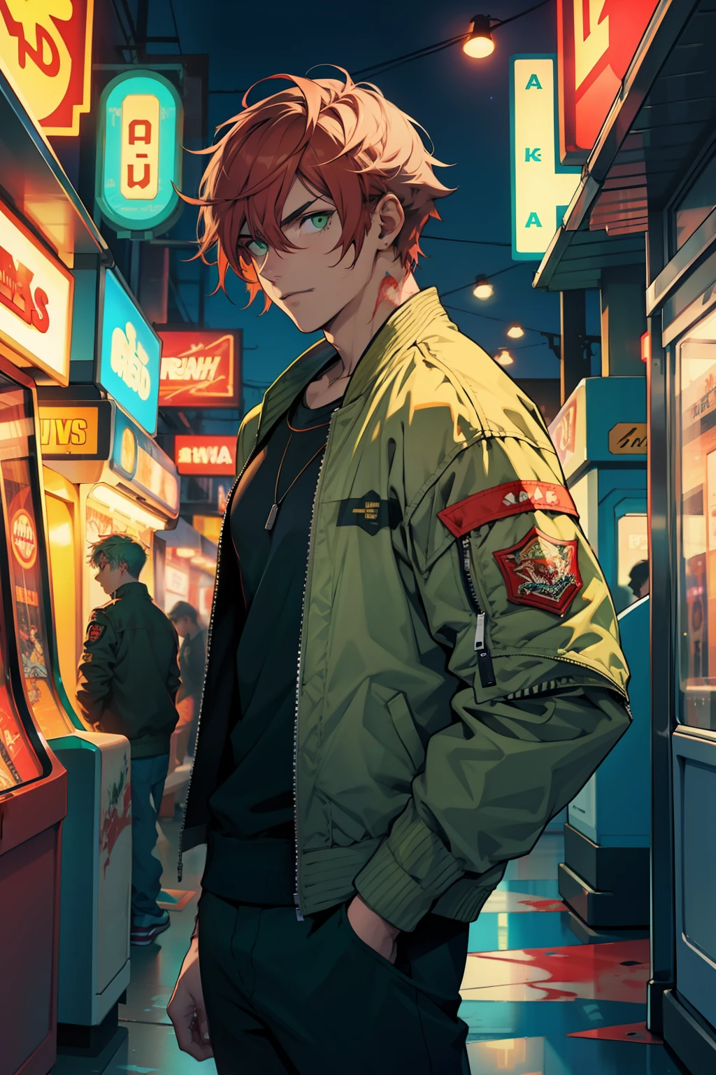A young man with messy blood-colored hair and green eyes wearing a bomber jacket in an arcade at night