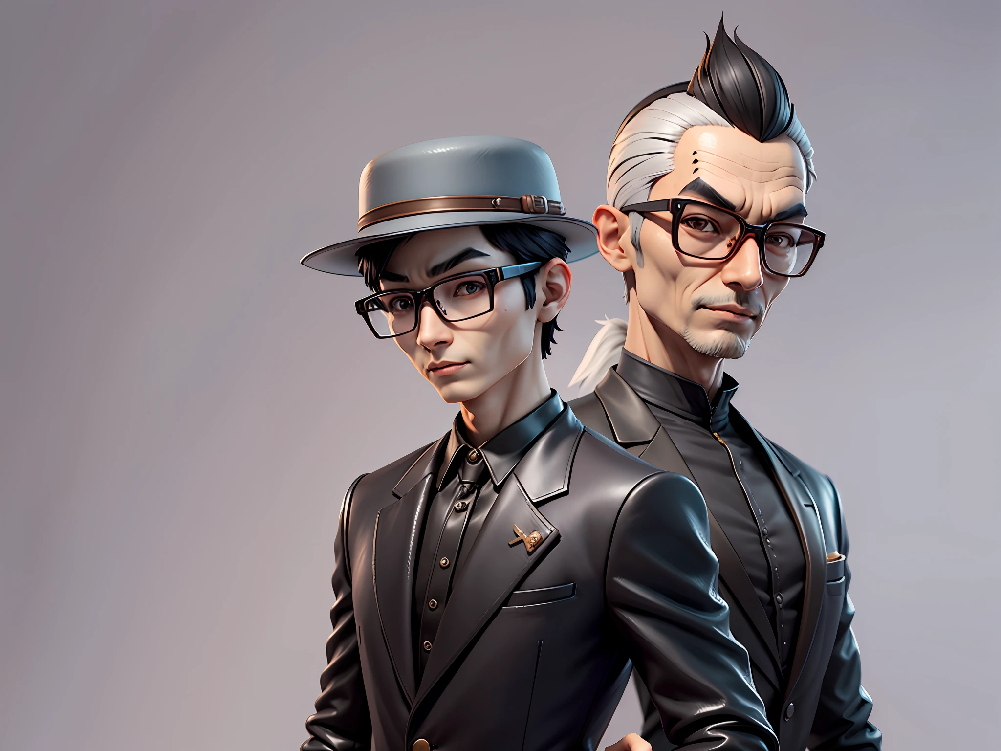 Young man with oriental face in leather hat, tiger, oriental face in formal suit, short black hair, silver glasses, digital painting, 3D character design by Mark Clairedon and Pixar and Hayao Miyazaki and Akira Toriyama, the illustration is a high-definition illustration in 4K resolution with very detailed facial features and cartoon-style visuals.