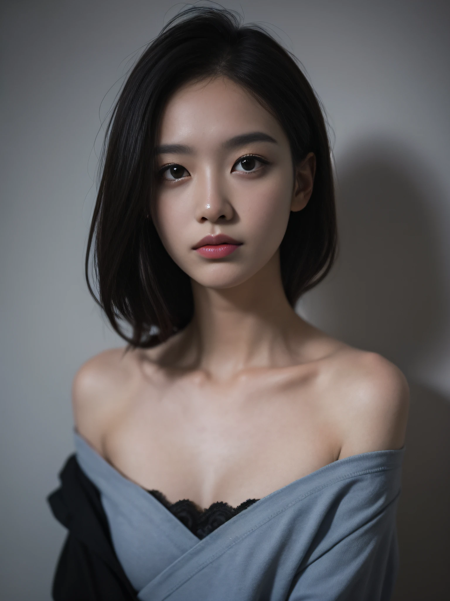 Best quality, masterpiece, ultra high res, (photorealistic:1.4), raw photo, 1girl, offshoulder, in the dark, deep shadow, low key, cold light --auto