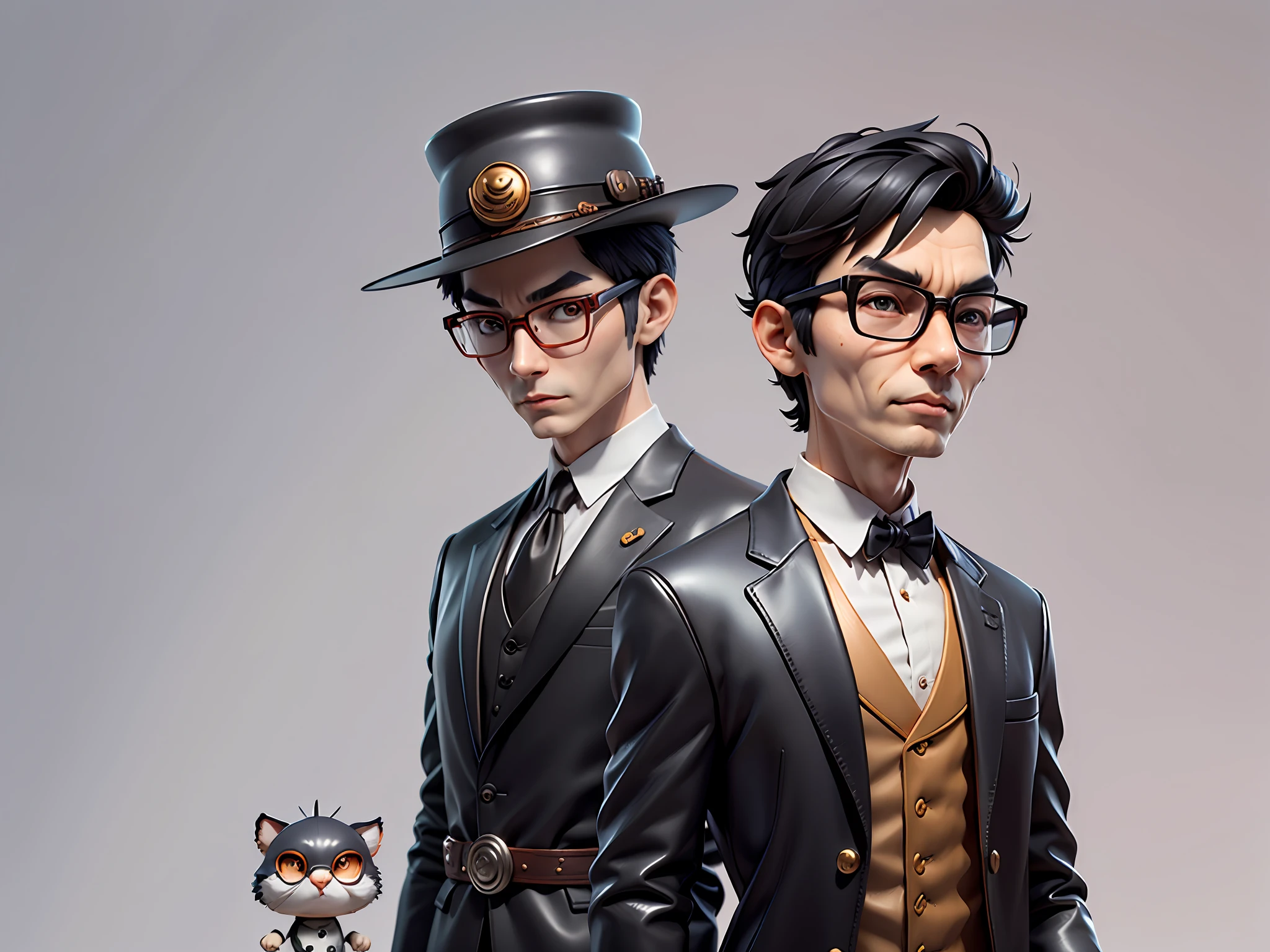 Young man with oriental face in leather hat, tiger, oriental face in formal suit, short black hair, silver glasses, digital painting, 3D character design by Mark Clairedon and Pixar and Hayao Miyazaki and Akira Toriyama, the illustration is a high-definition illustration in 4K resolution with very detailed facial features and cartoon-style visuals.