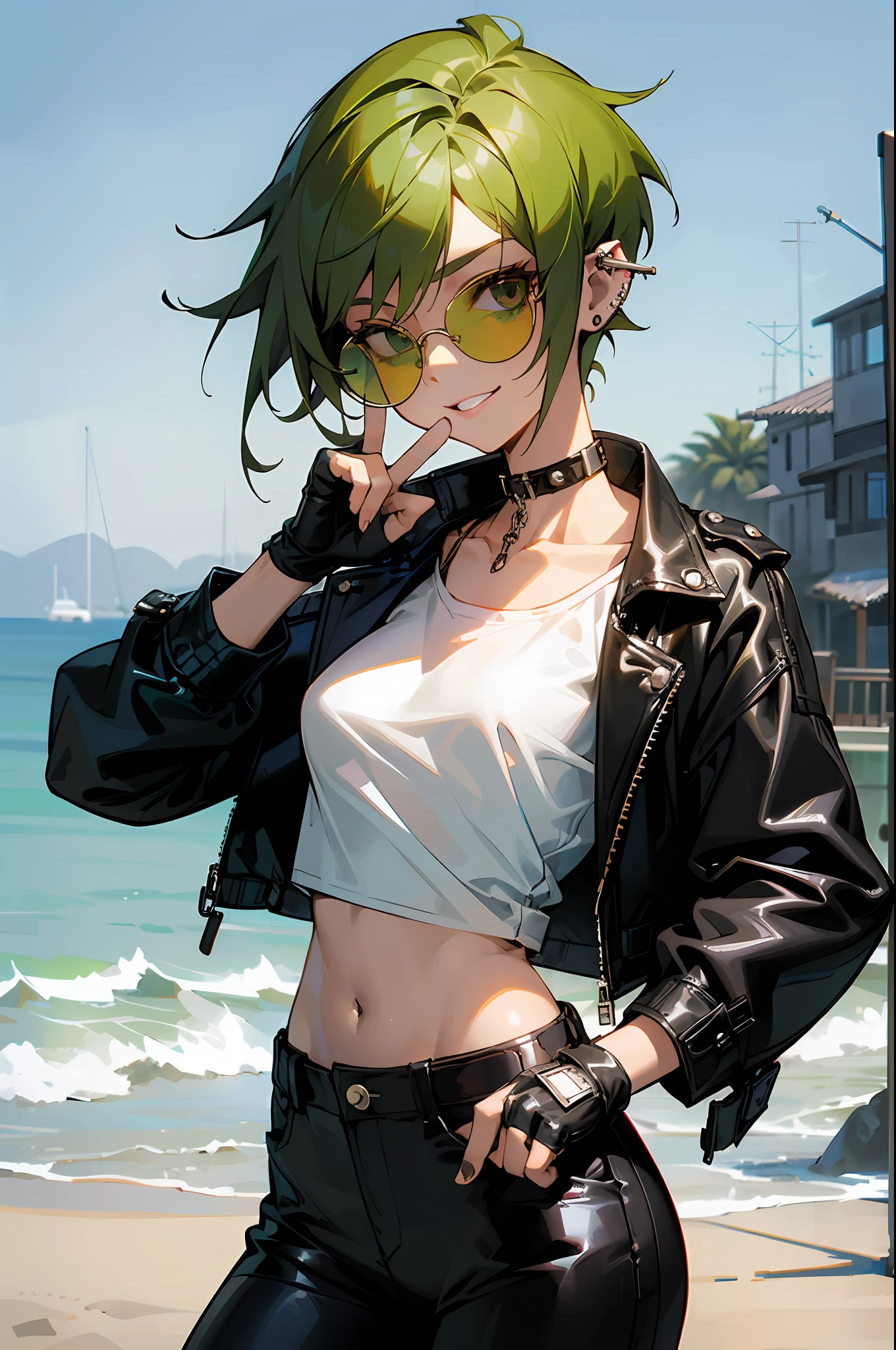 girl, (emerald green short hairstyle), ((aviator sunglasses)), (((tomboy))), big smile, street bandit clothes, leather jacket, White T-shirt, small breasts, black leather jacket, street bandit pants with silver chain, spiked choker, piercing ears, Fingerless gloves, peace sigh, against the beach, glasses lowered, easy to crop in photoshop