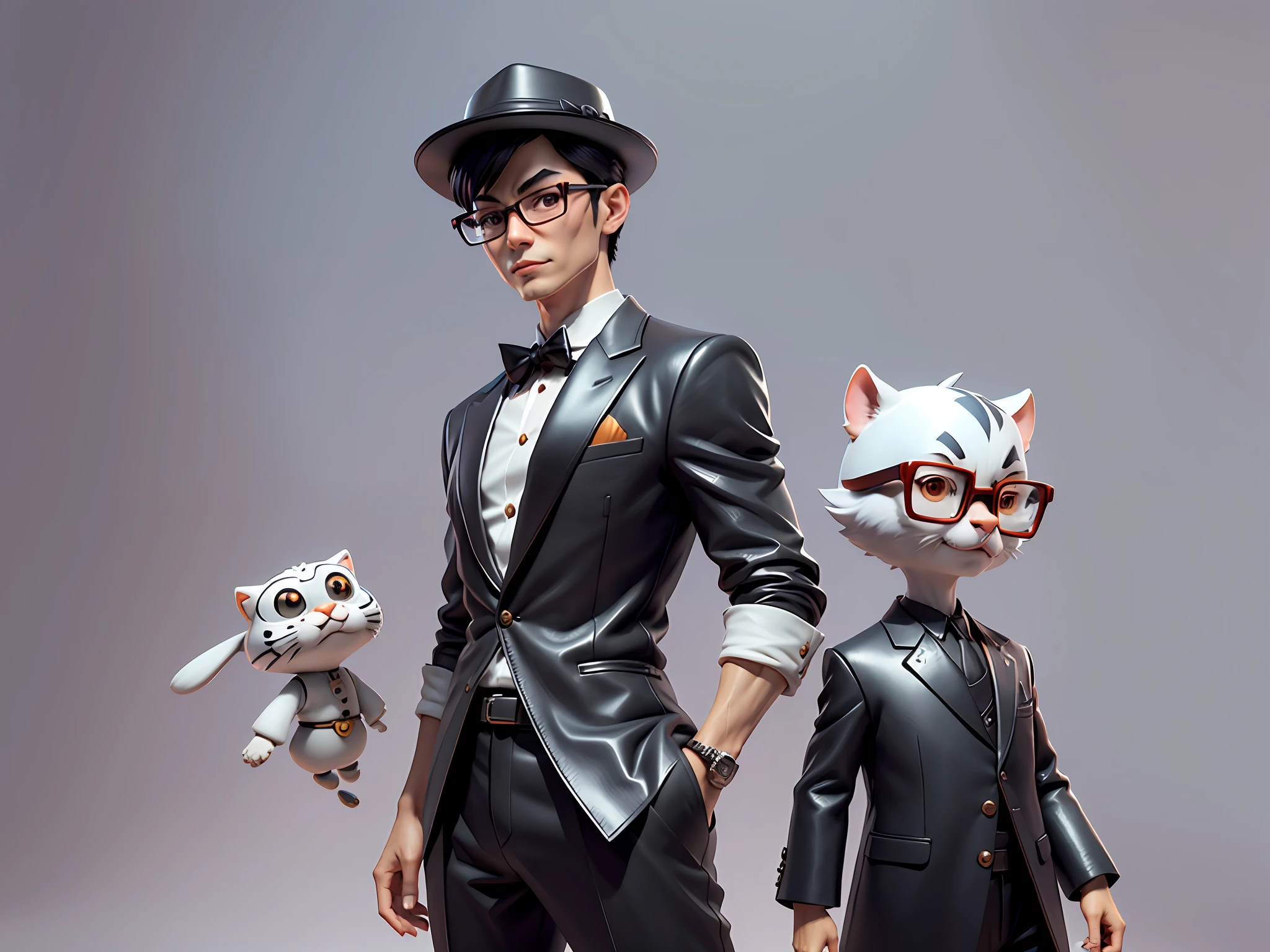 Young man with oriental face in leather hat, tiger, oriental face in formal suit, short black hair, silver glasses, digital painting, 3D character design by Mark Clairedon and Pixar and Hayao Miyazaki and Akira Toriyama, the illustration is a high-definition illustration in 4K resolution with very detailed facial features and cartoon-style visuals.