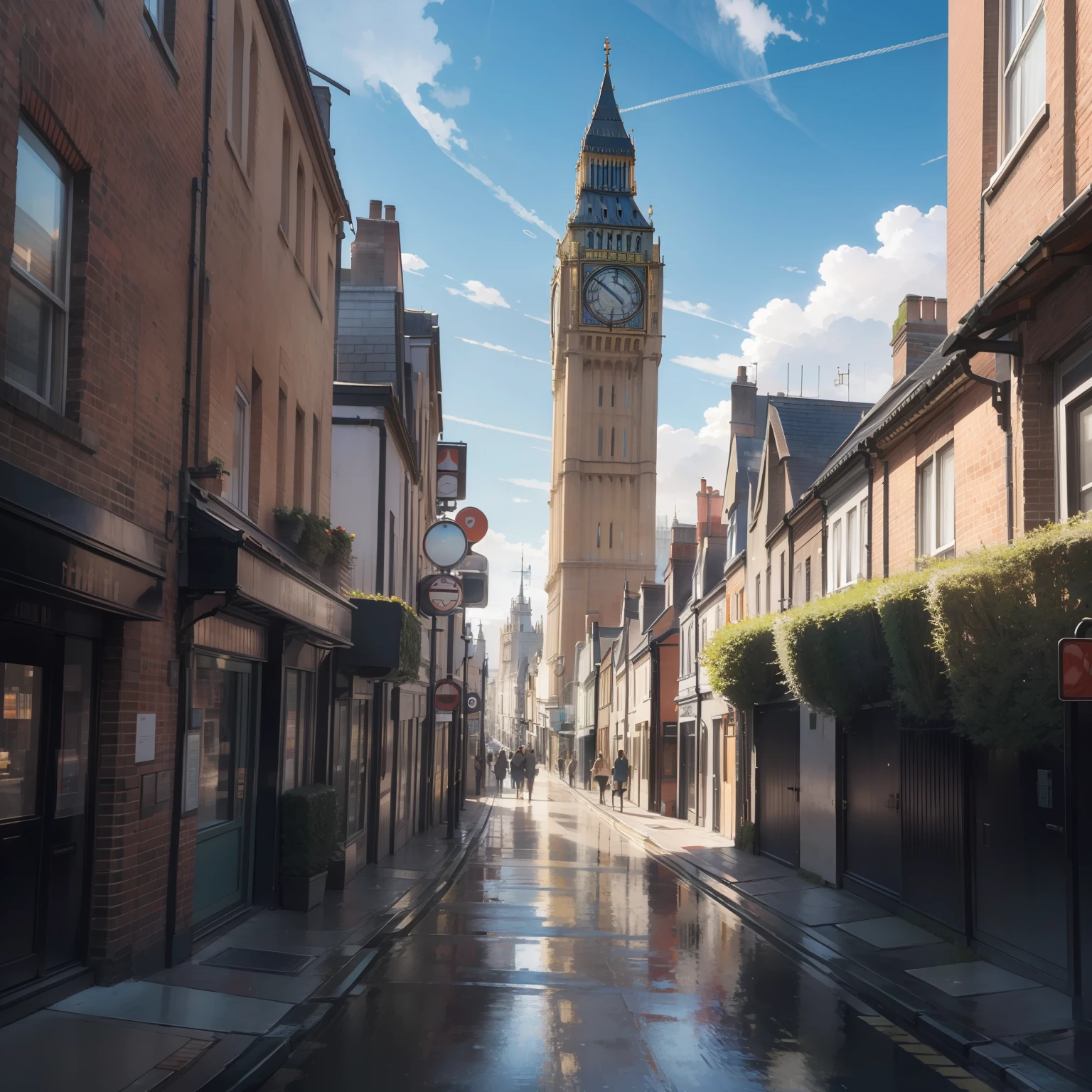 Street in London, surrounded by trees, big ben on the horizon, highly detailed, no humans, vibrant colors, clouds, sunset color gradient, intense colors