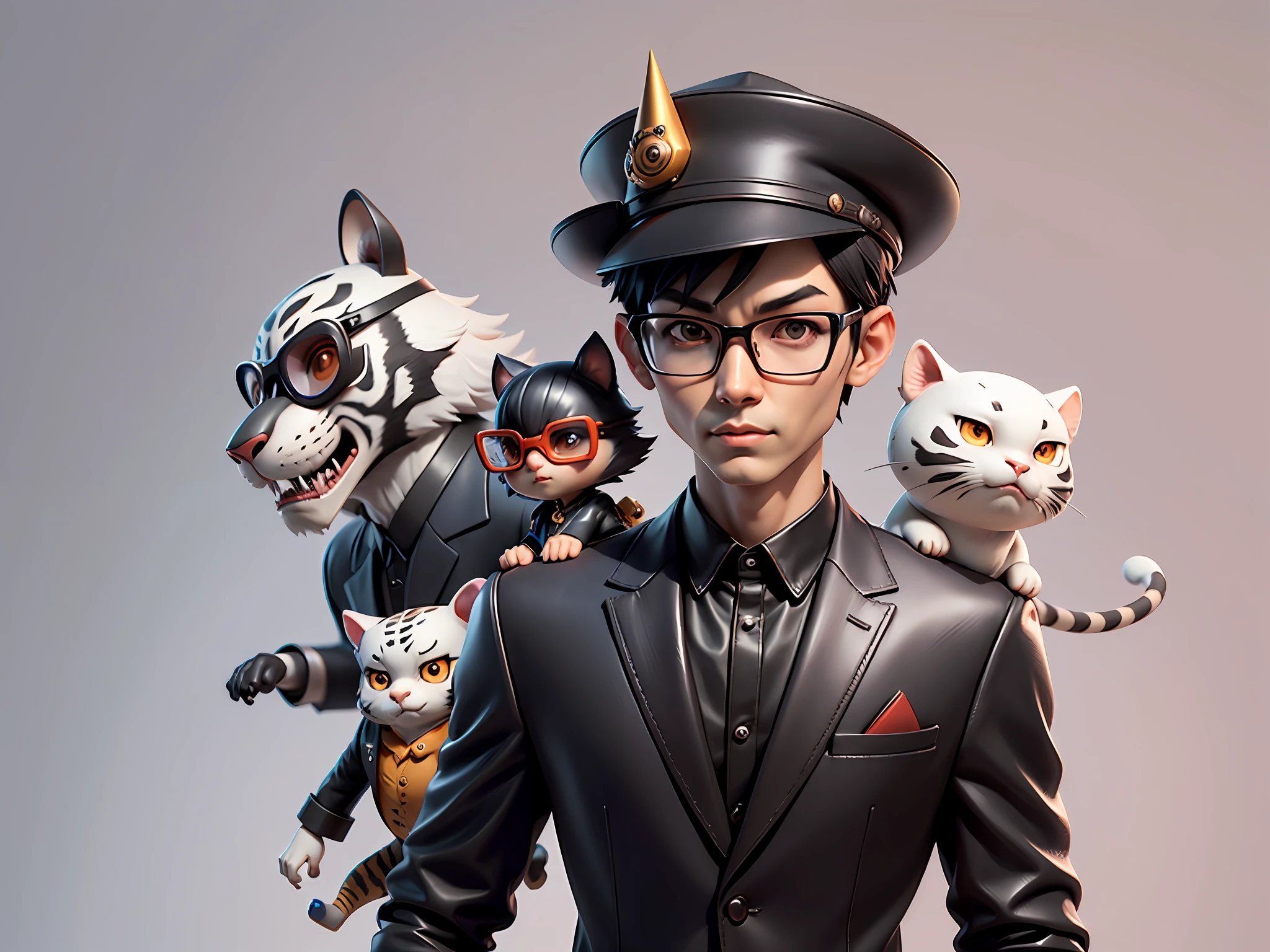 Young man with oriental face in leather hat, tiger, oriental face in formal suit, short black hair, silver glasses, digital painting, 3D character design by Mark Clairedon and Pixar and Hayao Miyazaki and Akira Toriyama, the illustration is a high-definition illustration in 4K resolution with very detailed facial features and cartoon-style visuals.