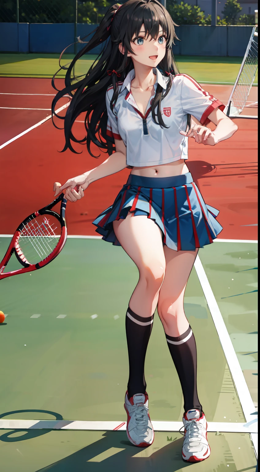 Yukino yukinoshita, long hair, cleavage, navel, slim legs, black hair, blue eyes,  short skirt, thigh high socks, teen, happy, tennis player uniform, park, Belly