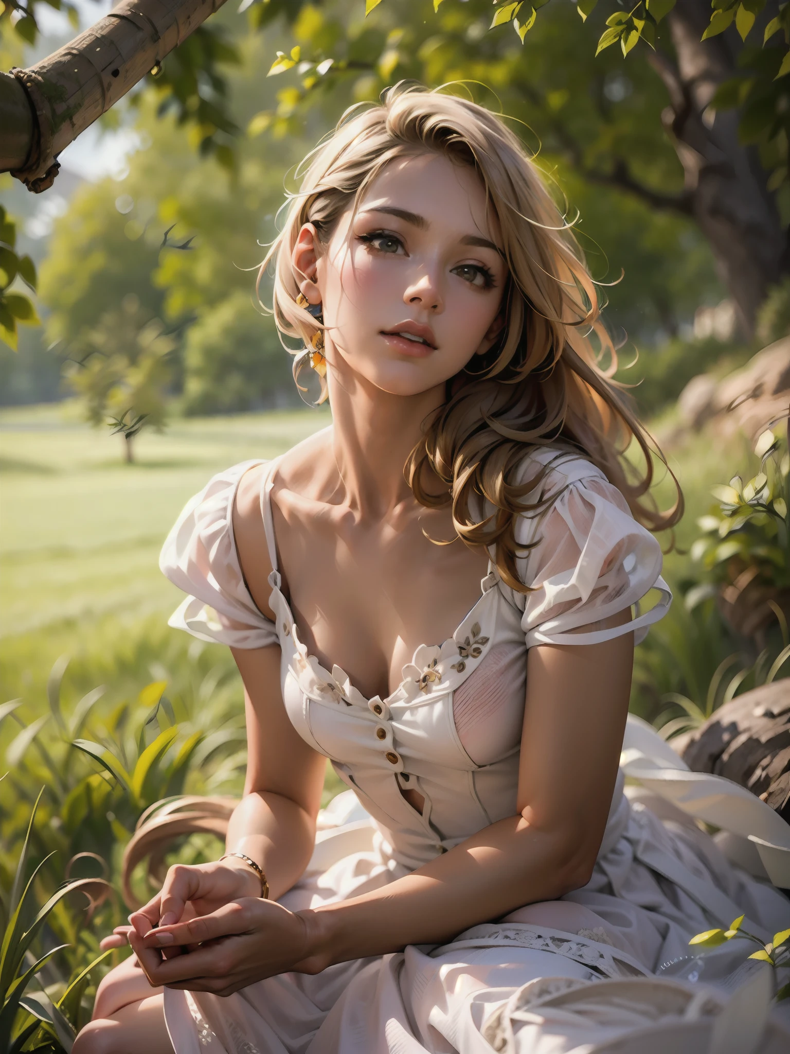 (masterpiece), (best quality), ((ultra-detailed)), (hyperrealistic), (highly detailed photo), cinematic lighting, photorealistic, extremely beautiful young lady in European countryside, intricate detailed white dress, shining, gloss, crisp, flirty, epic, focus, high contrast, artistic