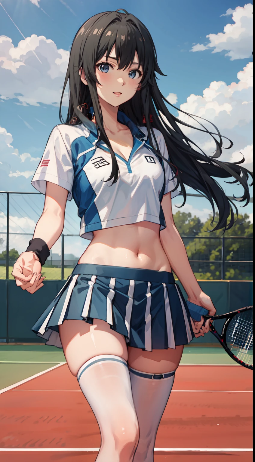 Yukino yukinoshita, long hair, cleavage, navel, slim legs, black hair, blue eyes,  short skirt, thigh high socks, teen, happy, tennis player uniform, park, Belly