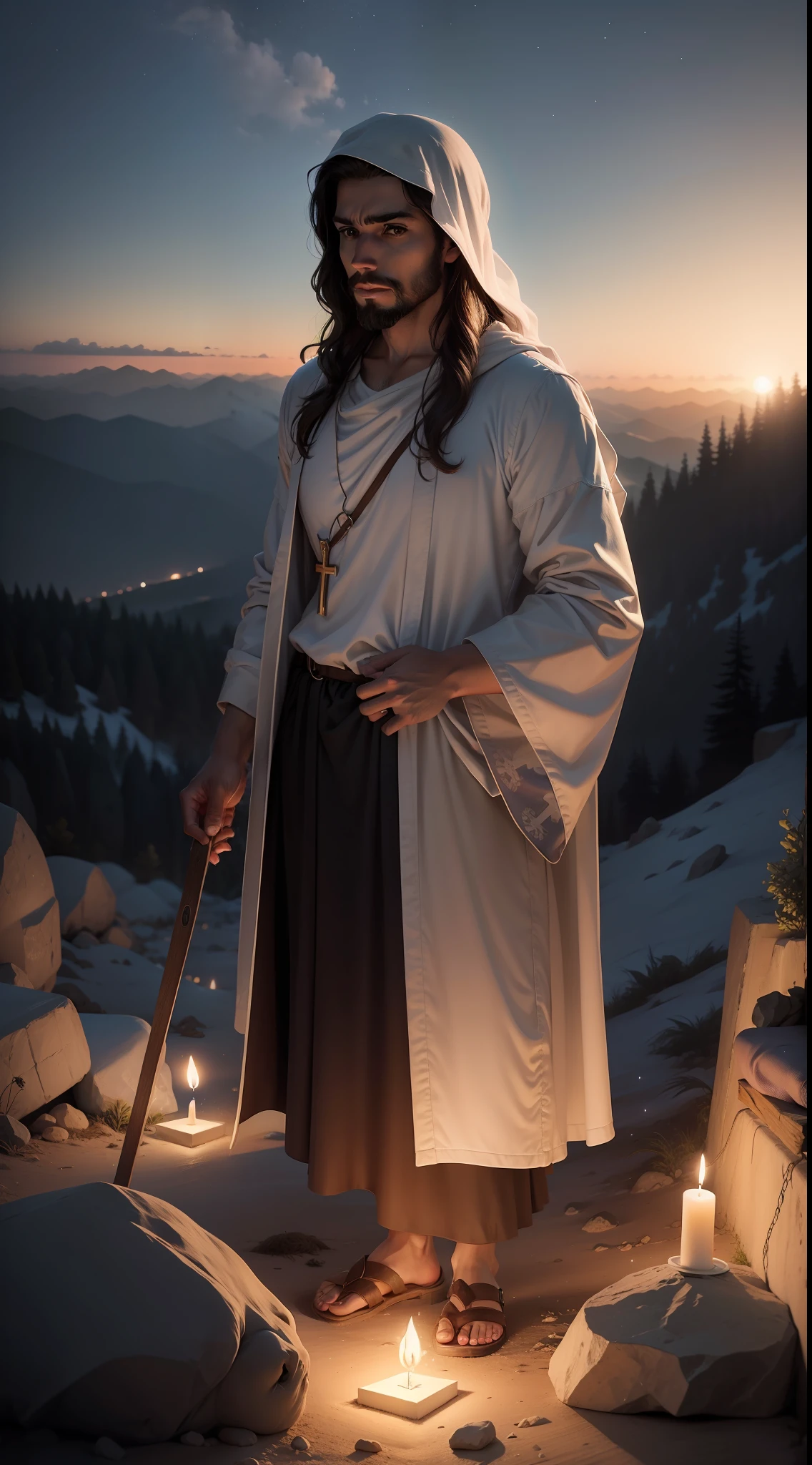 Jesus Cristo orando a noite em monte.