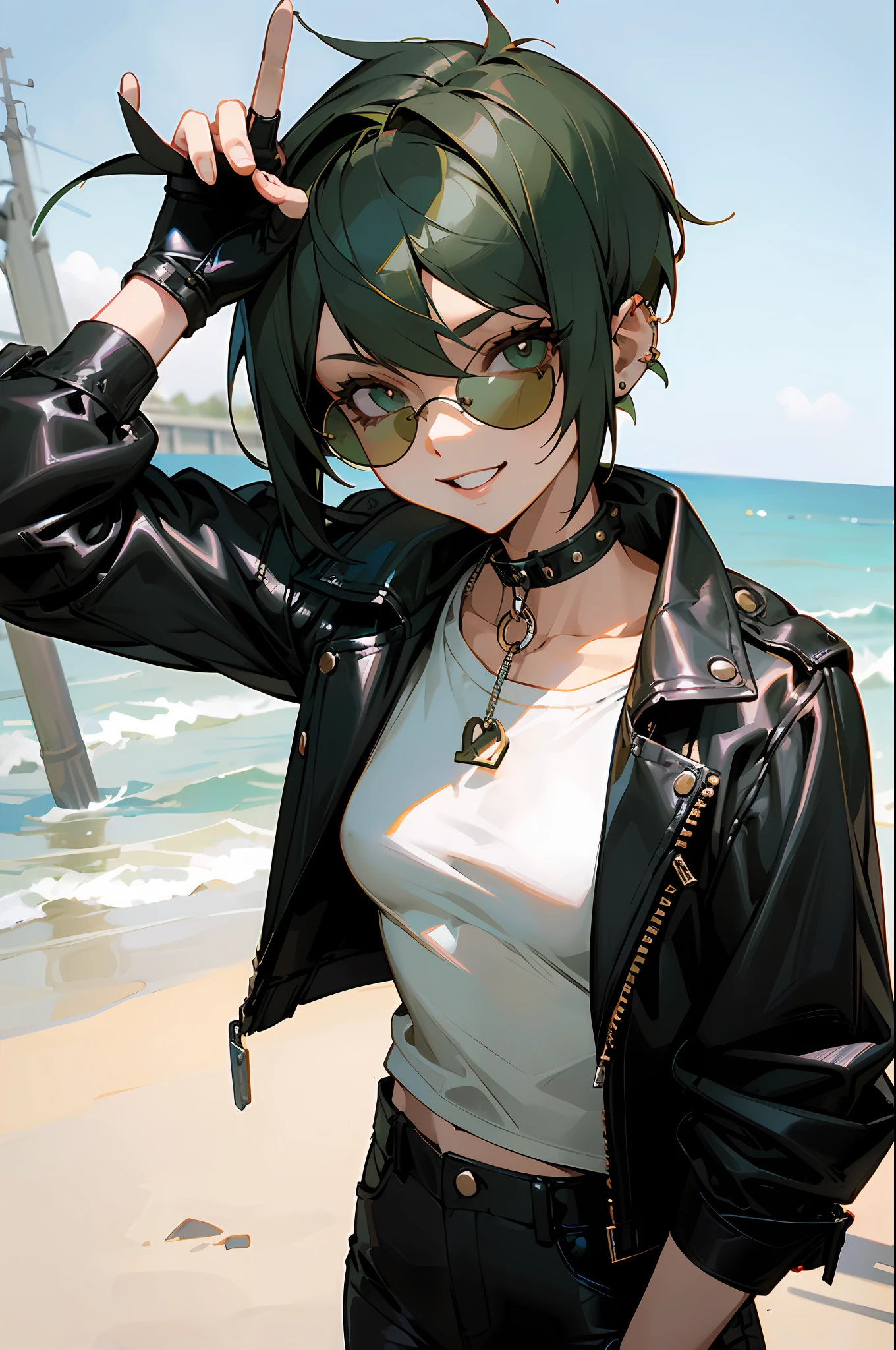 girl, (emerald green short hairstyle), ((aviator sunglasses)), (((tomboy))), big smile, street bandit clothes, leather jacket, White T-shirt, small breasts, black leather jacket, street bandit pants with silver chain, spiked choker, piercing ears, Fingerless gloves, peace sigh, against the beach, glasses lowered, easy to crop in photoshop