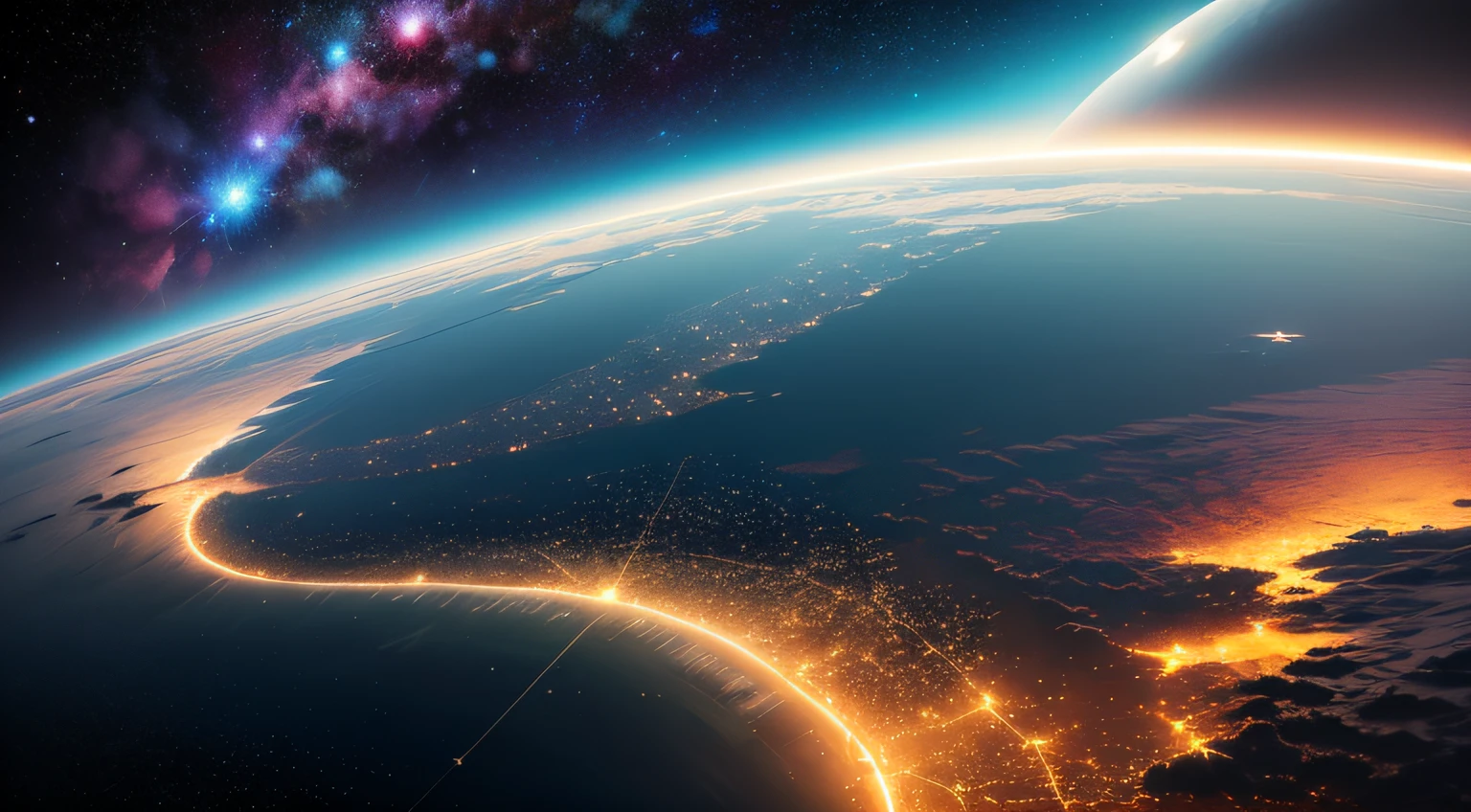 planeta terra, Space Environment, globo azul detalhado, ultra realista, view from space, starsky, chuva de raios de luz, particles light, planeta, vista de cima, Terra (planeta), constellation, milky way galaxy, estrela cadente, galaxy, chuva de luz sobre o planeta, dusk --auto