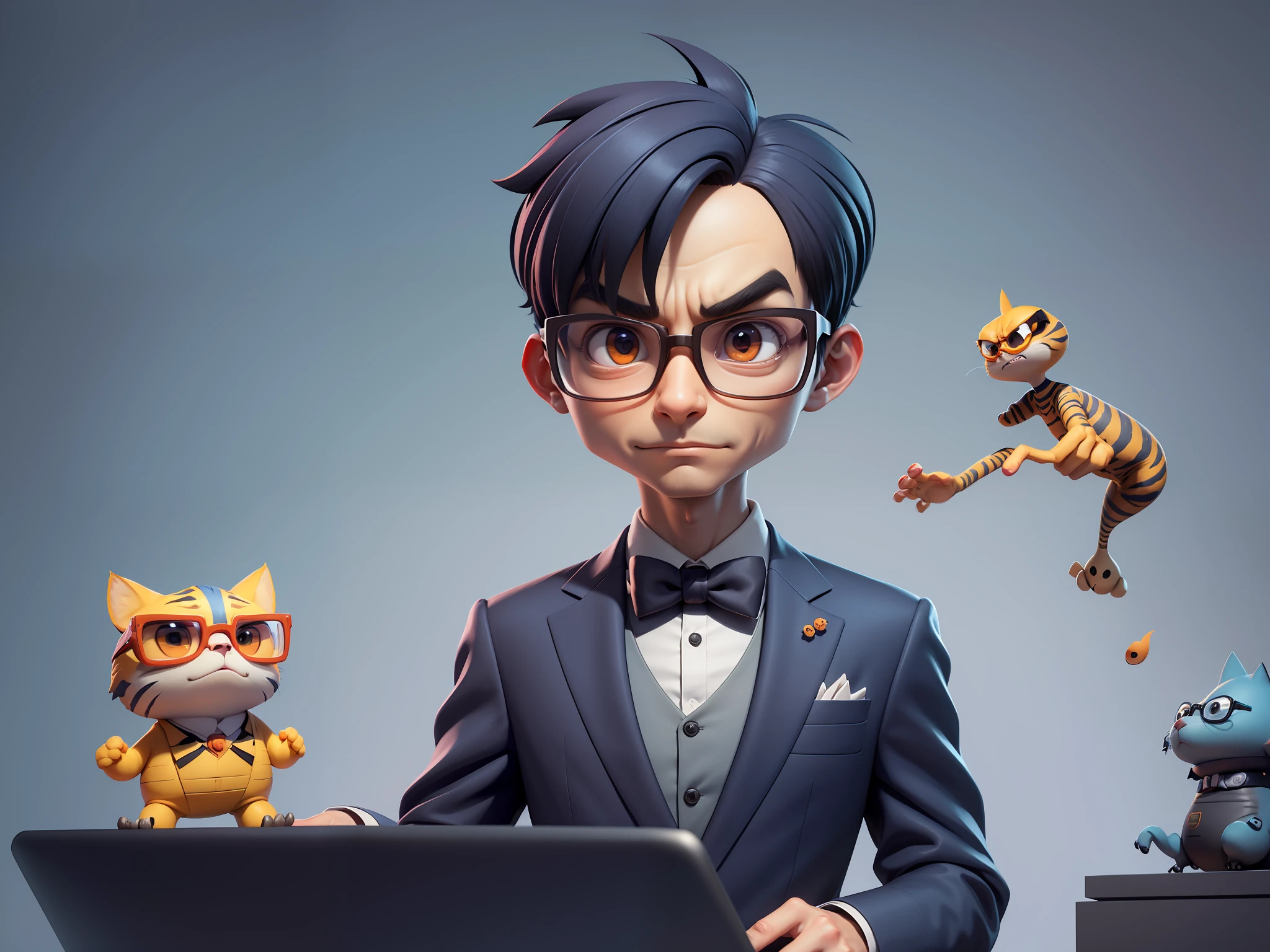A young man in a suit, Short hair and glasses sat at his desk,holding laptop,digitial painting,tigre,3D character design by Mark Clairen and Pixar and Hayao Miyazaki and Akira Toriyama,4K HD illustration,Very detailed facial features and cartoon-style visuals。