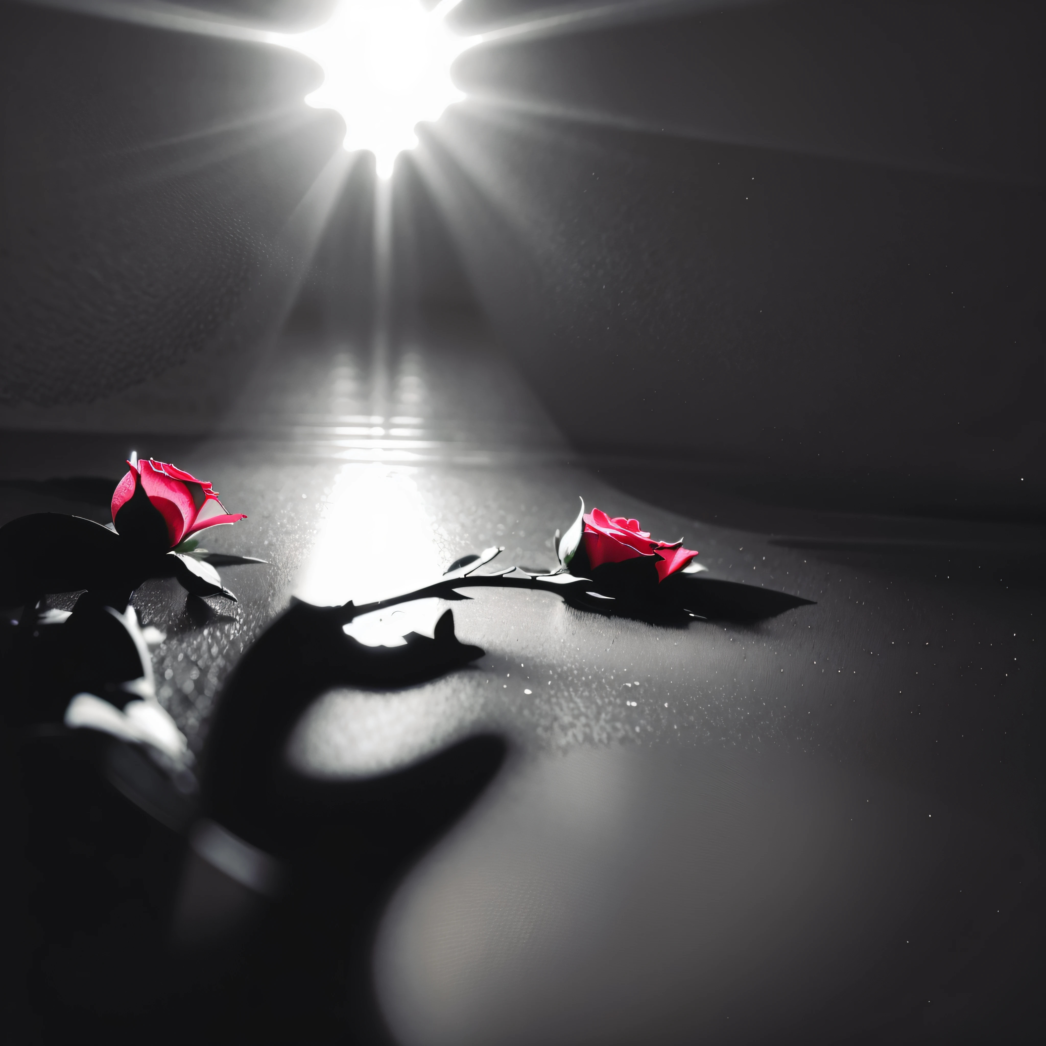 There are two roses that are sitting on a table, roses in cinematic light, soft light melanchônica pink, alto contraste de claro e escuro, com um fundo escuro preto, luz solar severa, with dramatic lighting, com luz de fundo, luz e sombra brilhantes, luz e sombra brilhantes, dramatic contrasting light, high contrast cinematic light, Foto tirada com Nikon D750, com a qualidade da rosa ultra realista