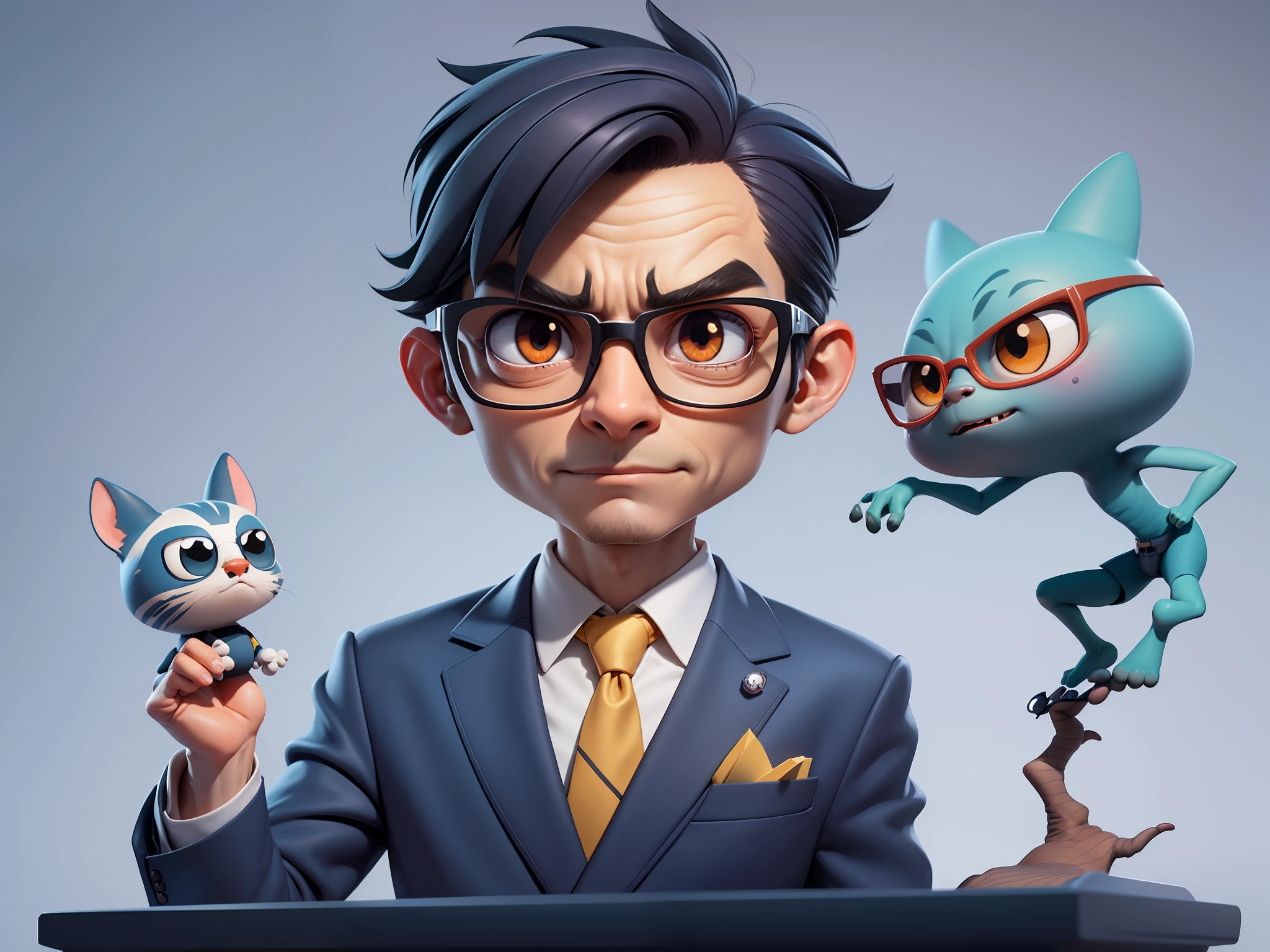 A young man in a suit, Short hair and glasses sat at his desk,holding laptop,digitial painting,tigre,3D character design by Mark Clairen and Pixar and Hayao Miyazaki and Akira Toriyama,4K HD illustration,Very detailed facial features and cartoon-style visuals。
