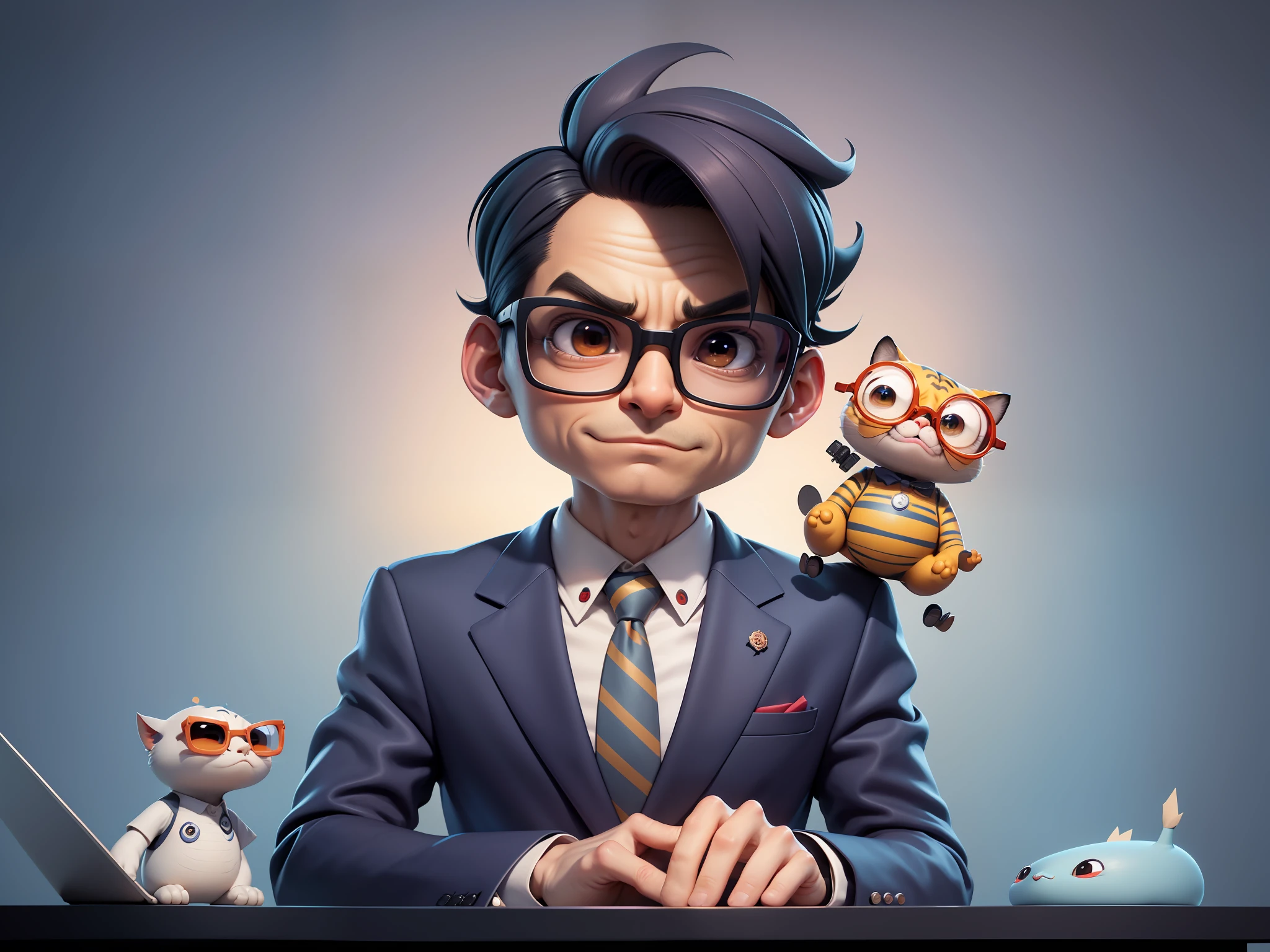 A young man in a suit, Short hair and glasses sat at his desk,holding laptop,digitial painting,tigre,3D character design by Mark Clairen and Pixar and Hayao Miyazaki and Akira Toriyama,4K HD illustration,Very detailed facial features and cartoon-style visuals。