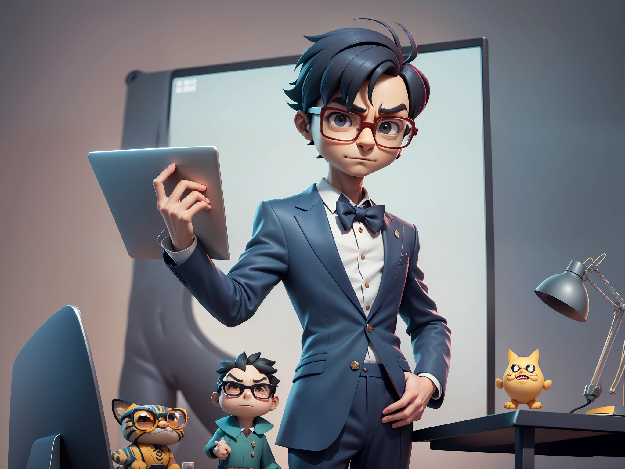 A young man in a suit, Short hair and glasses sat at his desk，holding laptop，digitial painting，tigre，3D character design by Mark Clairen and Pixar and Hayao Miyazaki and Akira Toriyama，4K HD illustration，Very detailed facial features and cartoon-style visuals。
