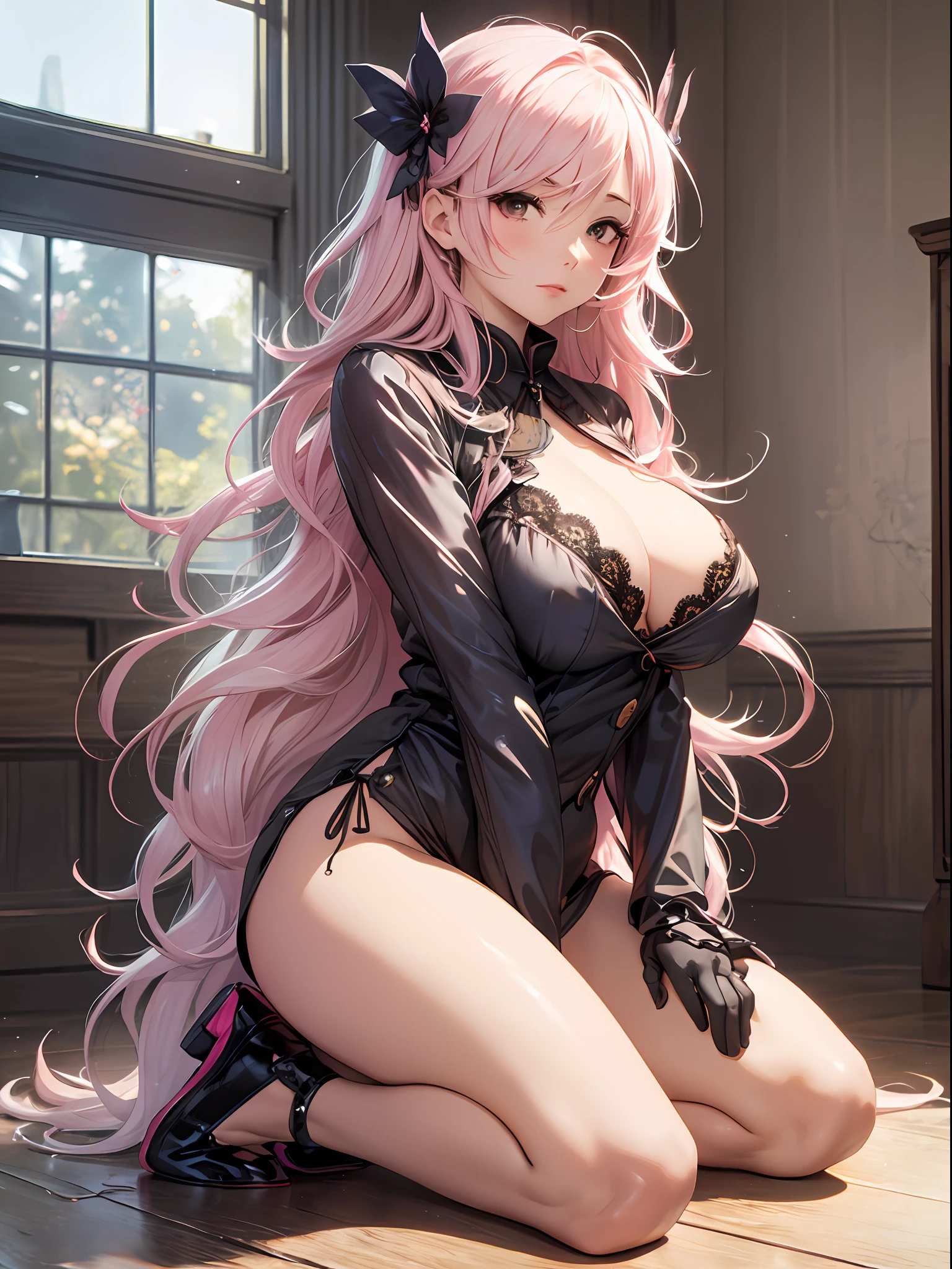 (Enrich the picture,Masterpiece level quality)Beautiful 8K CG artwork,Goddess-like posture,Kneeling exercise,Slim and soft,Translucent skin,Pink hair、The aesthetic look of extra-long hair and messy hair,The skin is fair and juicy,Big JK Uniform,Perspective Part 1.2x enhanced silhouette effect,Exquisite transparent blues pattern in pajamas,The details are intricate and exquisite,The background is slightly blurred,Charming and lustful leg seduction,Drool,Extra-large big breasts,Blush,