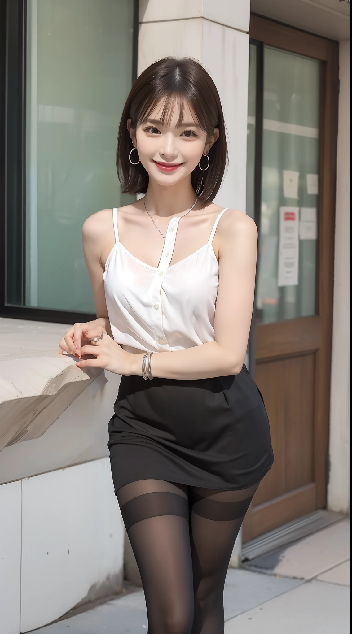 (Smiling Female Teacher 1.5),(true to life,Photorealistic 1.5),((best qualtiy, 8K, tmasterpiece:1.3)),SLR camera (二重まぶた,largeeyes:1.3),(smile1.5),(Full body photo 1.5)(One person 1.5)Clear focus 1.2, Perfect body beauty:1.4 , Delicate skin1.1,(Short silver-white hair 1.6),(Bangs 1.4),(Pure desire 1.3)(Black pantyhose 1.5)(The leg length is one meter two,1.5),offcial dress,Slender legs,canvas shoe,With earrings,Wristband jade bracelet,Banquet