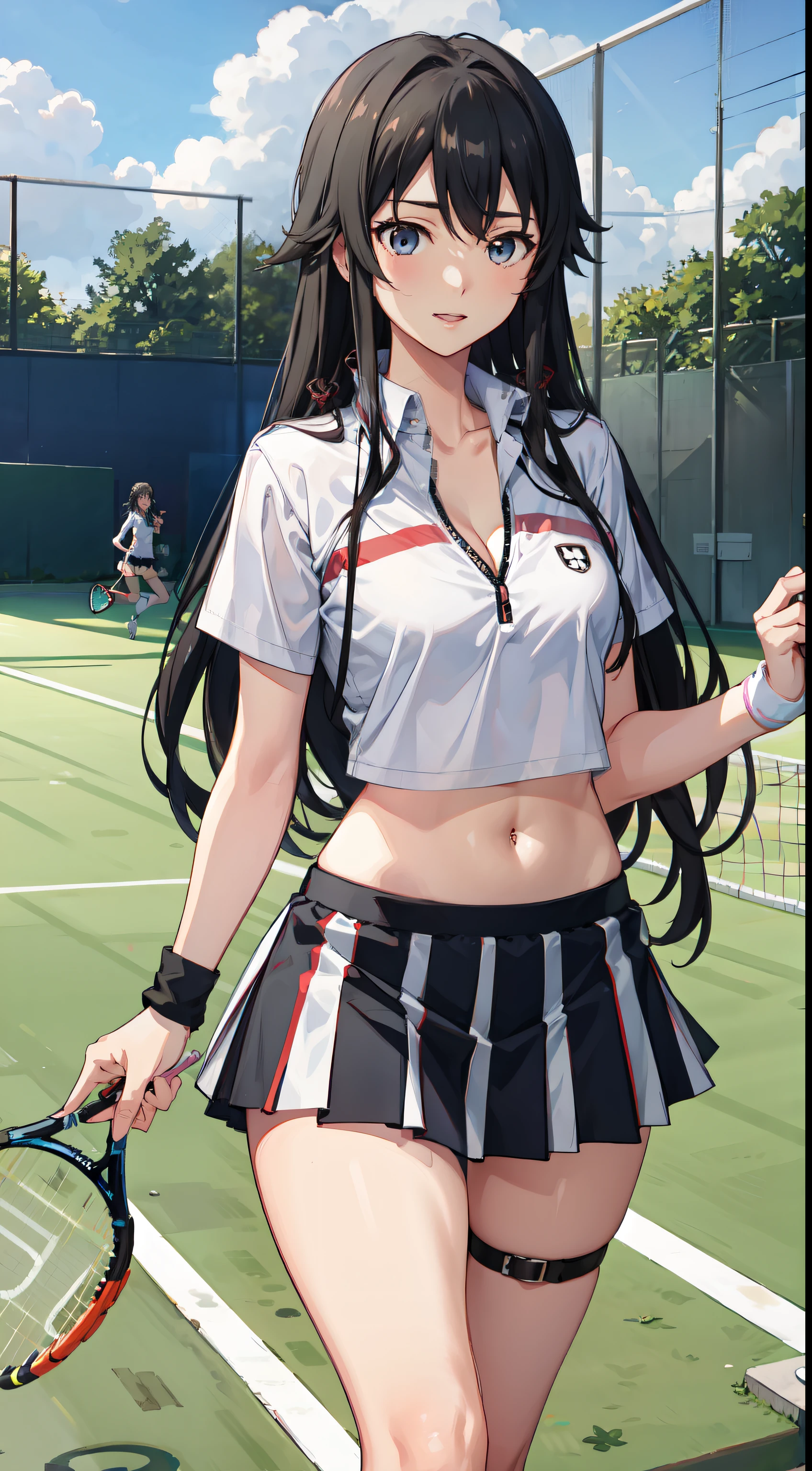 Yukino yukinoshita, long hair, cleavage, navel, slim legs, black hair, blue eyes,  short skirt, thigh high socks, teen, happy, tennis player uniform, park, Belly