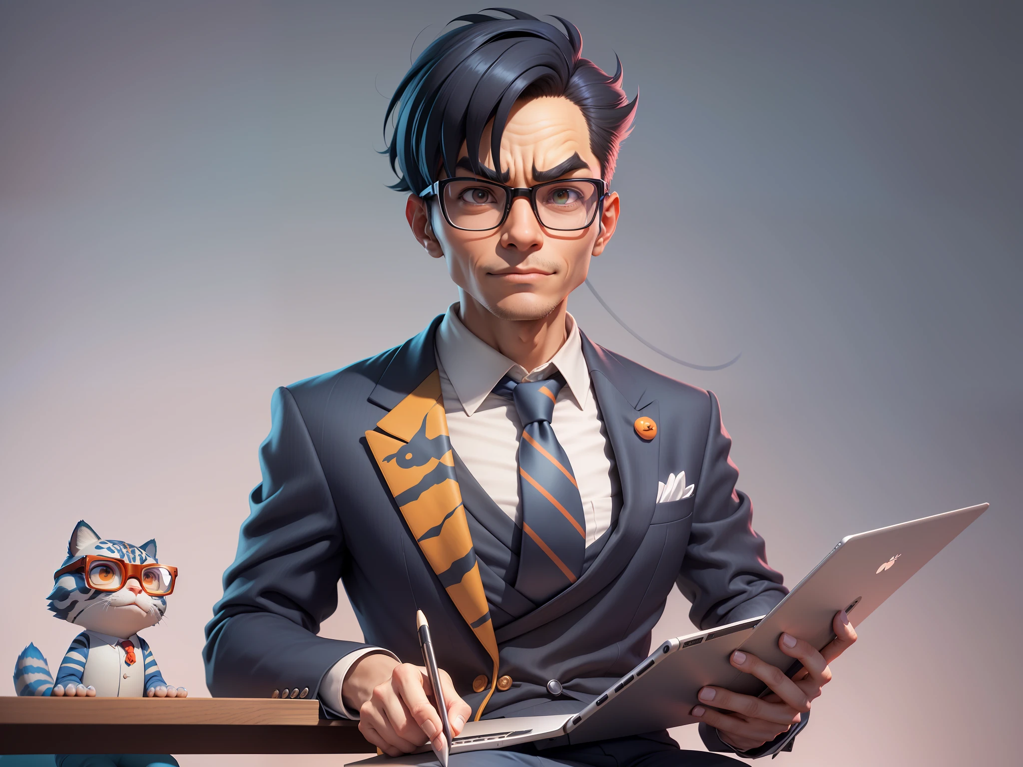 A young man in a suit and pants, Short hair and glasses sat at his desk,holding laptop,digitial painting,tigre,3D character design by Mark Clairen and Pixar and Hayao Miyazaki and Akira Toriyama,4K HD illustration,Very detailed facial features and cartoon-style visuals。