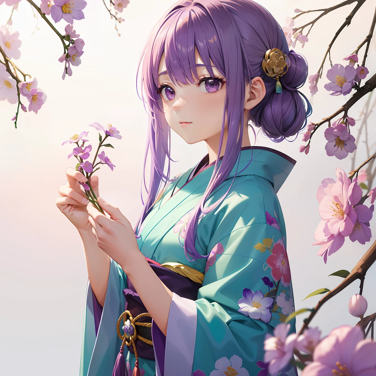 watercolor paiting(Beautifully Aesthetic:1.2)、(1girl in:1.3)、(colourful hair、Hair like a gradient、Half purple、Half light purple:1.2)、natta、colourfull、Fantastical、Hagi flower、Many hagi flowers are blooming、Purple and jade kimono、Pensive、Looks a little lonely、Loneliness