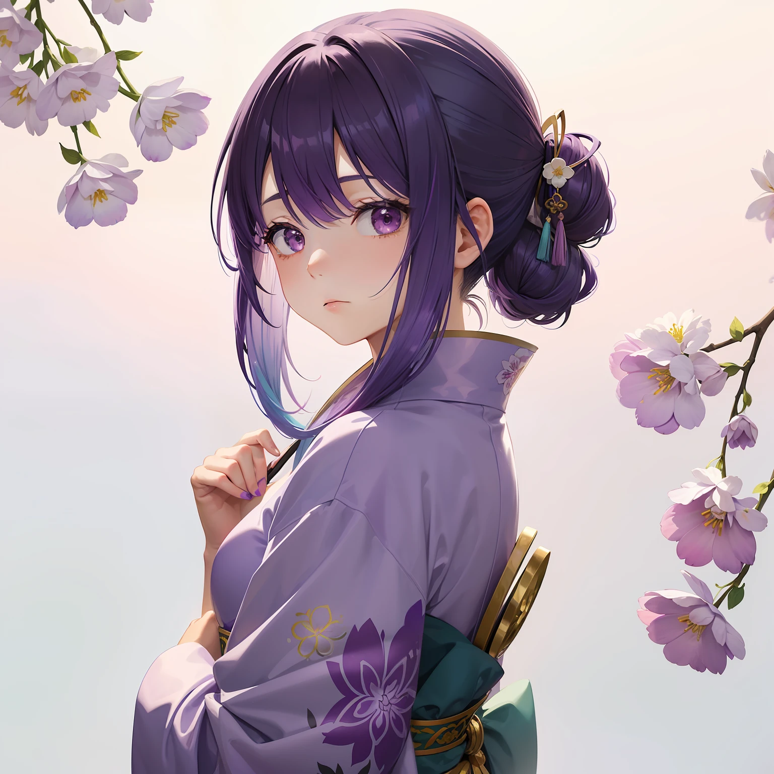 watercolor paiting(Beautifully Aesthetic:1.2)、(1girl in:1.3)、(colourful hair、Hair like a gradient、Half purple、Half light purple:1.2)、natta、colourfull、Fantastical、Hagi flower、Many hagi flowers are blooming、Purple and jade kimono、Pensive、Looks a little lonely、Loneliness