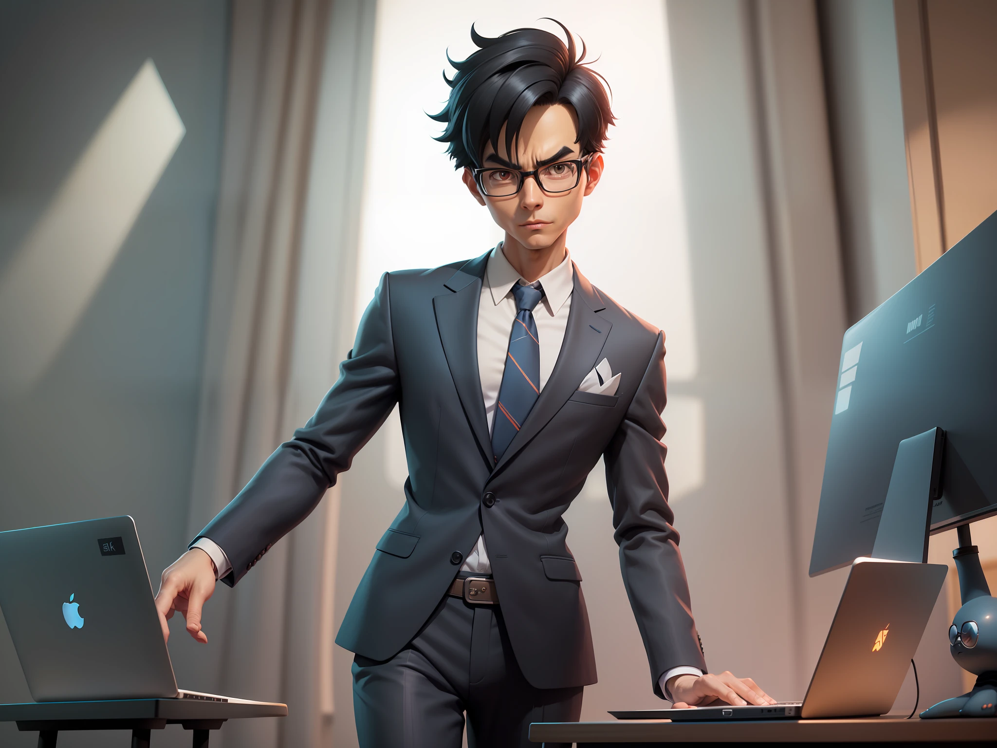 A young man in a suit and pants, Short hair and glasses sat at his desk,holding laptop,digitial painting,tigre,3D character design by Mark Clairen and Pixar and Hayao Miyazaki and Akira Toriyama,4K HD illustration,Very detailed facial features and cartoon-style visuals。
