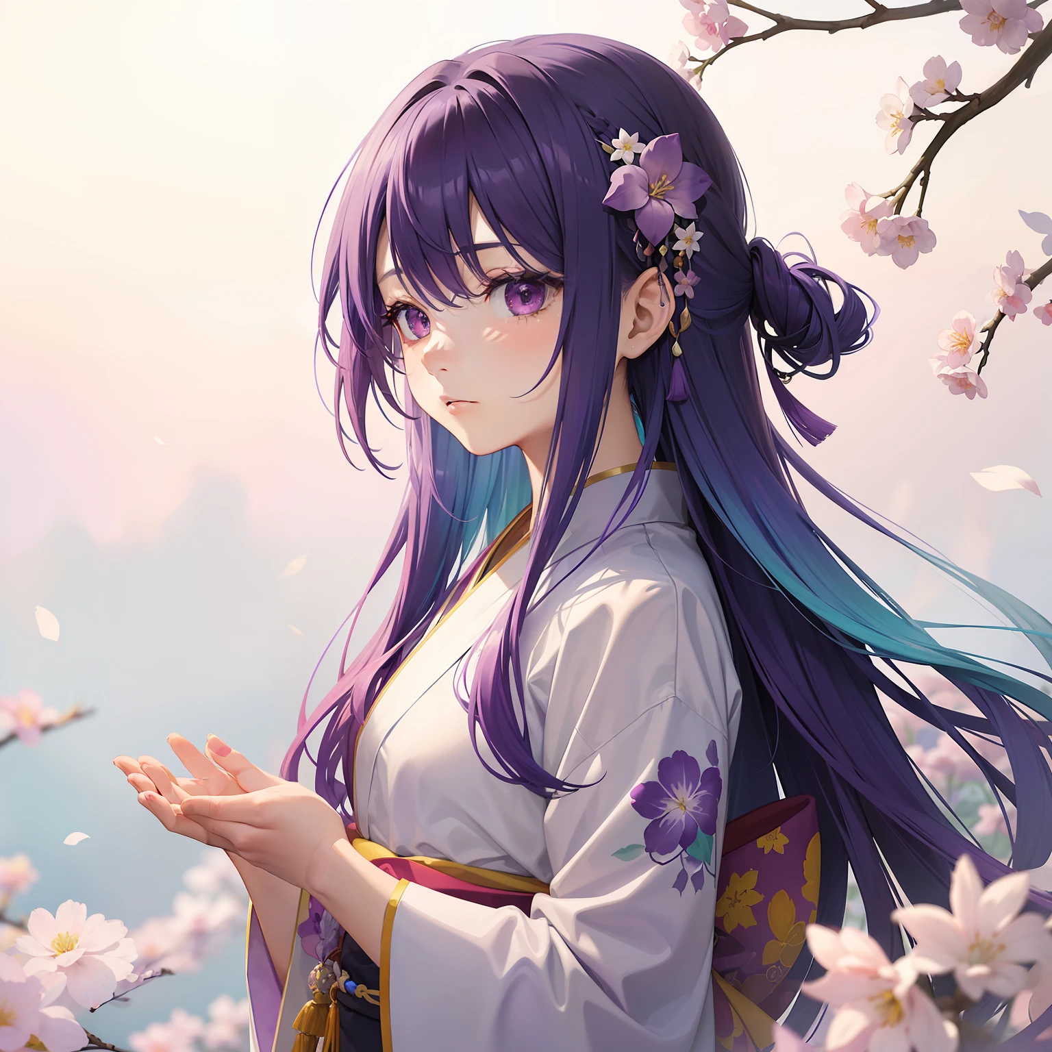 watercolor paiting(Beautifully Aesthetic:1.2)、(1girl in:1.3)、(colourful hair、Hair like a gradient、Half purple、Half light purple:1.2)、natta、colourfull、Fantastical、Hagi flower、Many hagi flowers are blooming、Purple and jade kimono、Pensive、Looks a little lonely、Loneliness