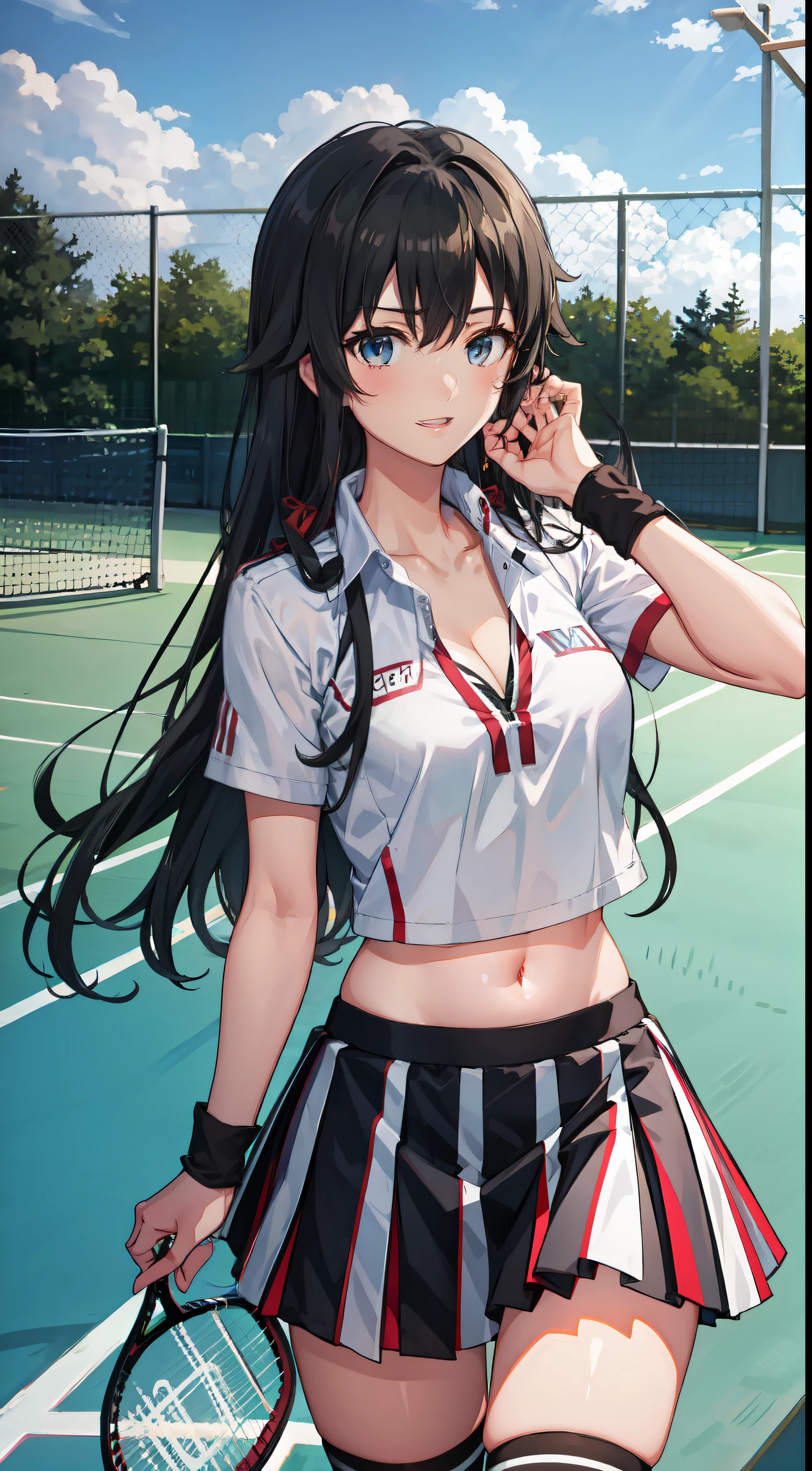 Yukino yukinoshita, long hair, cleavage, navel, slim legs, black hair, blue eyes, short skirt, thigh high socks, , happy, tennis player uniform, park, Belly