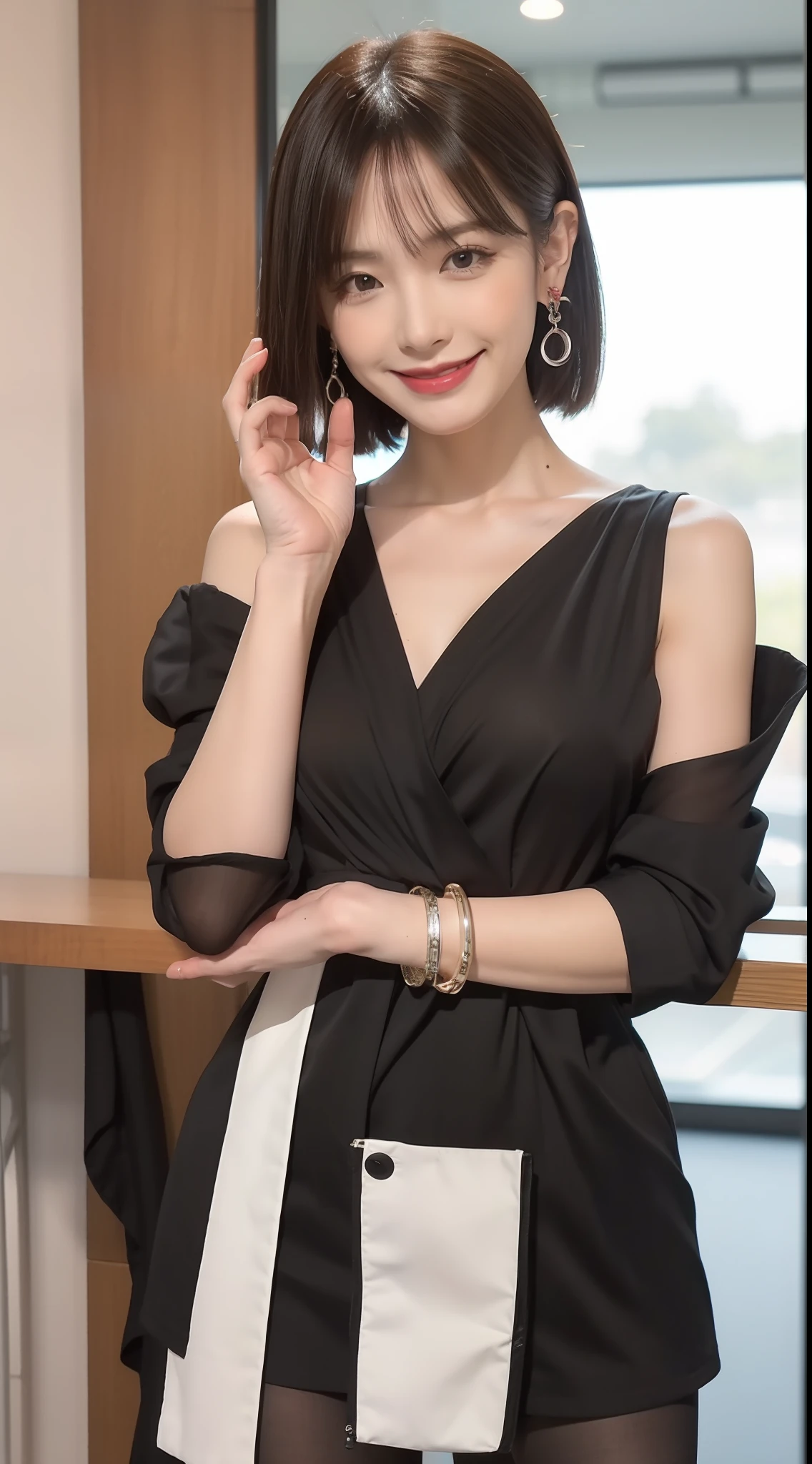 （Smiling Female Teacher 1.5），（true to life，Photorealistic 1.5）,((best qualtiy, 8K, tmasterpiece:1.3)),SLR camera (二重まぶた，largeeyes:1.3),（smile1.5），（Full body photo 1.5）（One person 1.5）Clear focus 1.2, Perfect body beauty:1.4 , Delicate skin1.1，（Short silver-white hair 1.6），（Bangs 1.4），（Pure desire 1.3）(Black pantyhose 1.5)（The leg length is one meter two，1.5），offcial dress，Slender legs，high-heels，With earrings，Wristband jade bracelet，Banquet