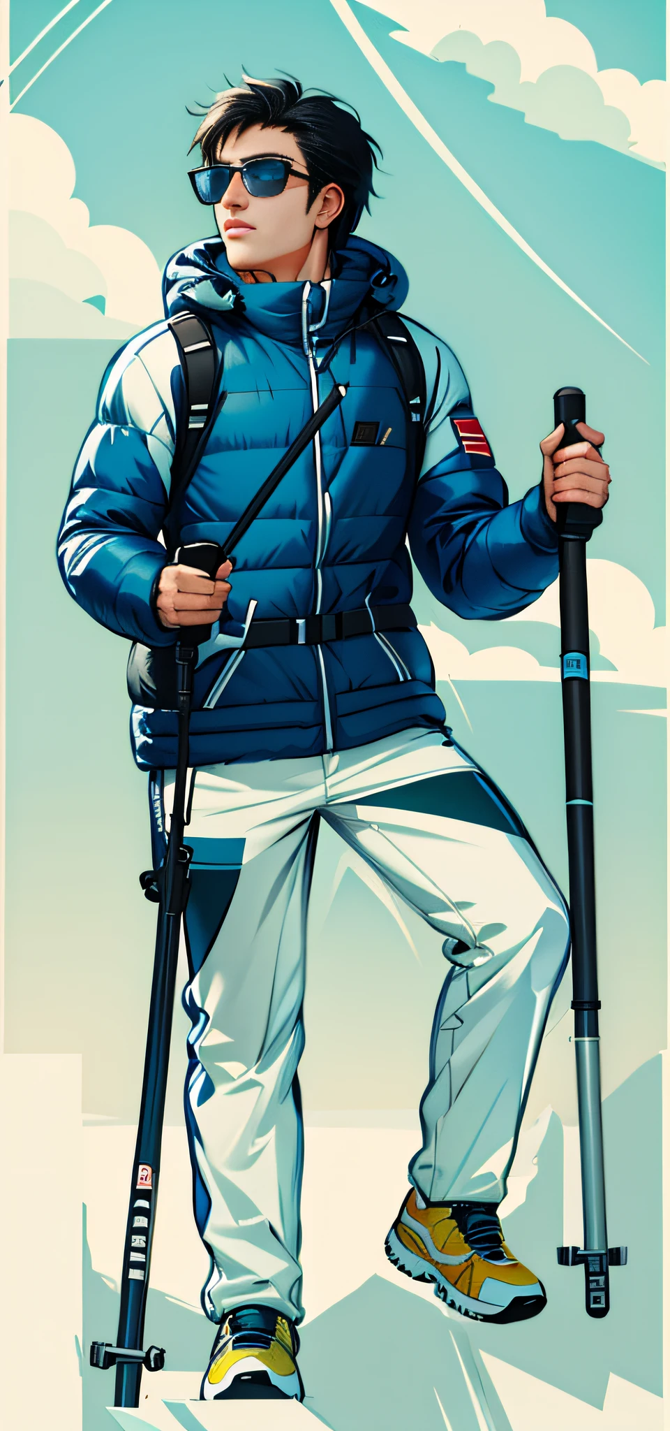 mountaineering,Storm jacket，trekking poles，neo-classical, Depth of field, Best quality, Super detail，Masterpiece，Manhwa Style，illustrated，Line art